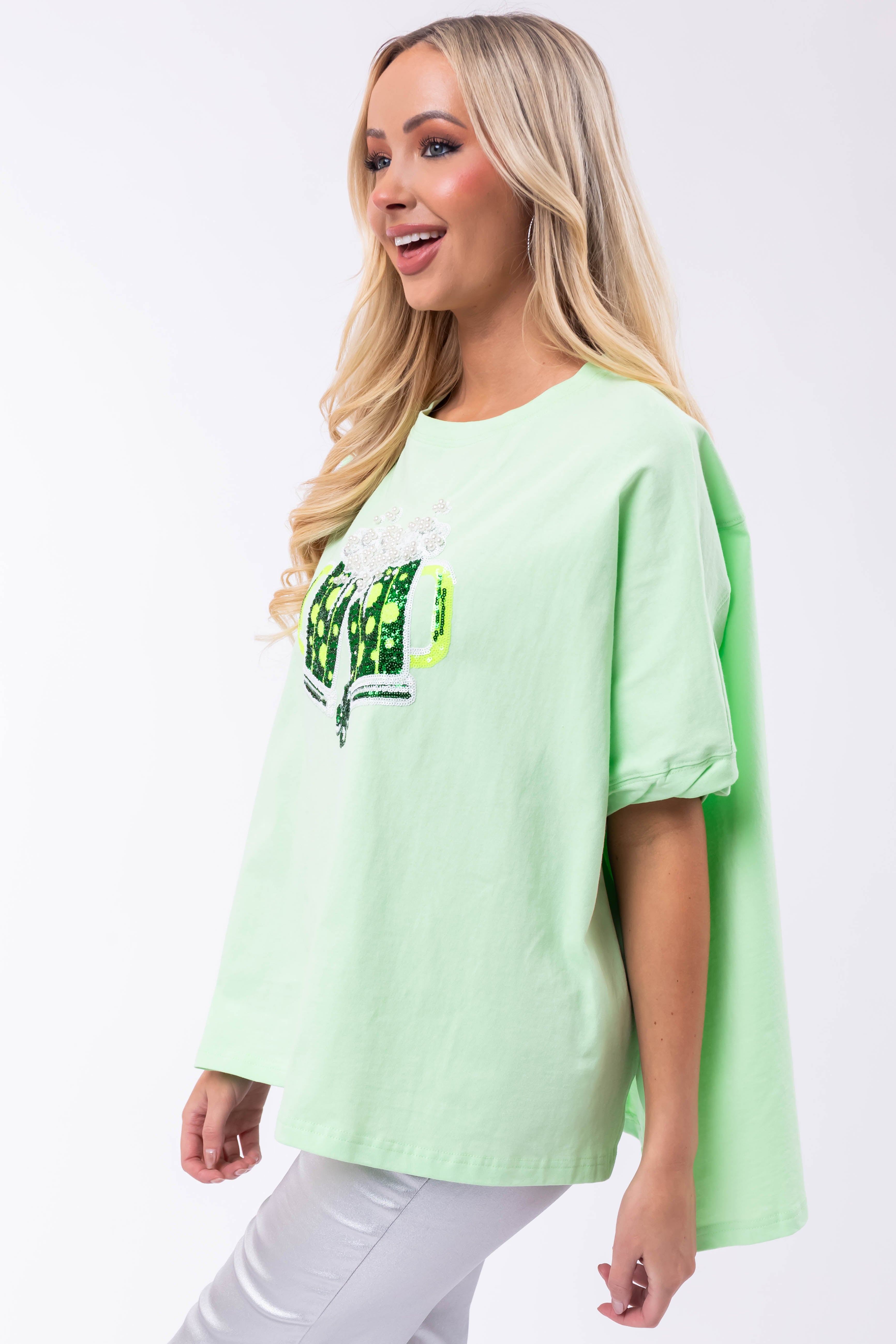 Light Kiwi Sequin St Patricks Day Graphic Top-Newayad