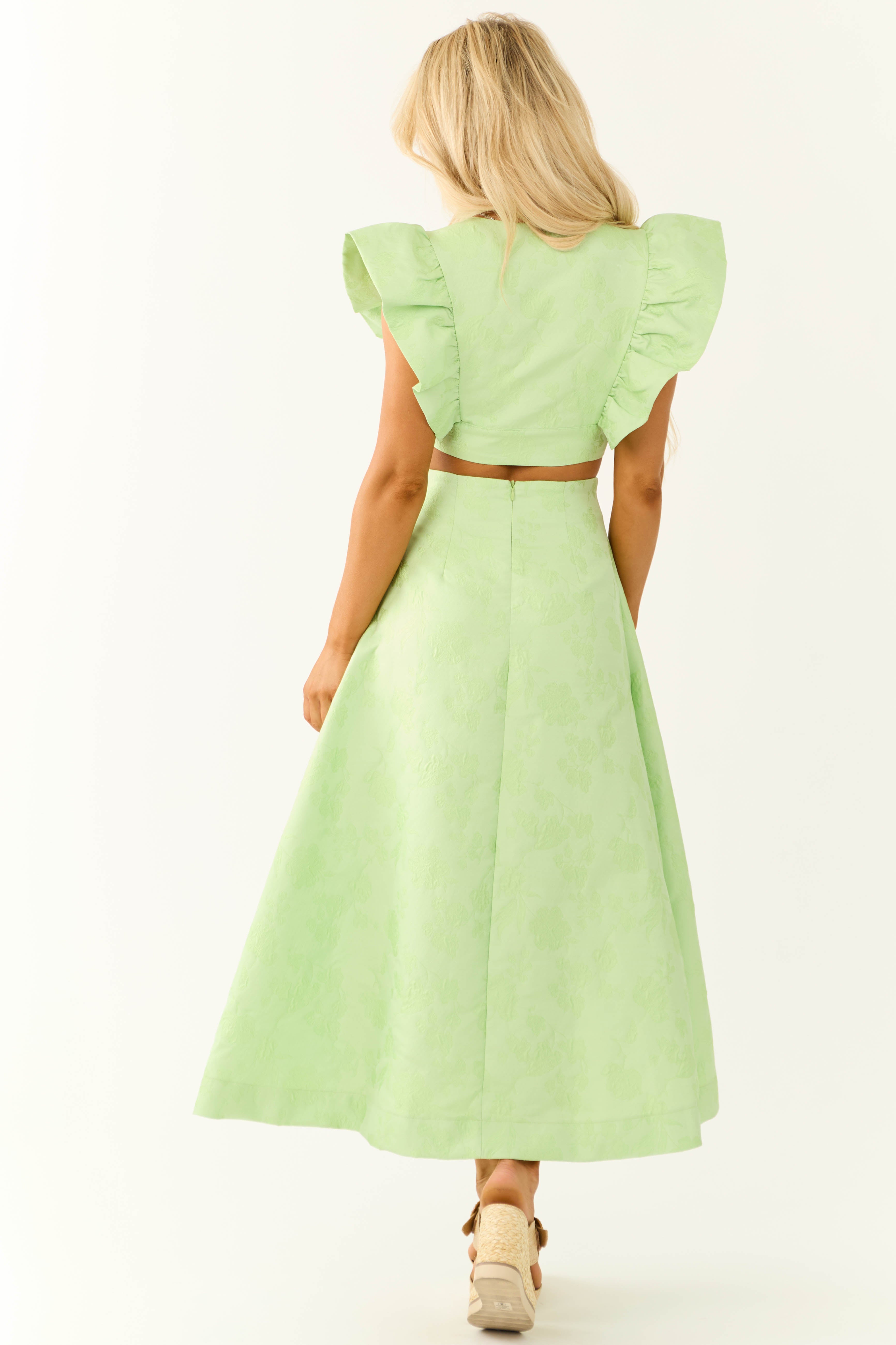 Light Lime Floral Jacquard A Line Midi Skirt-Newayad