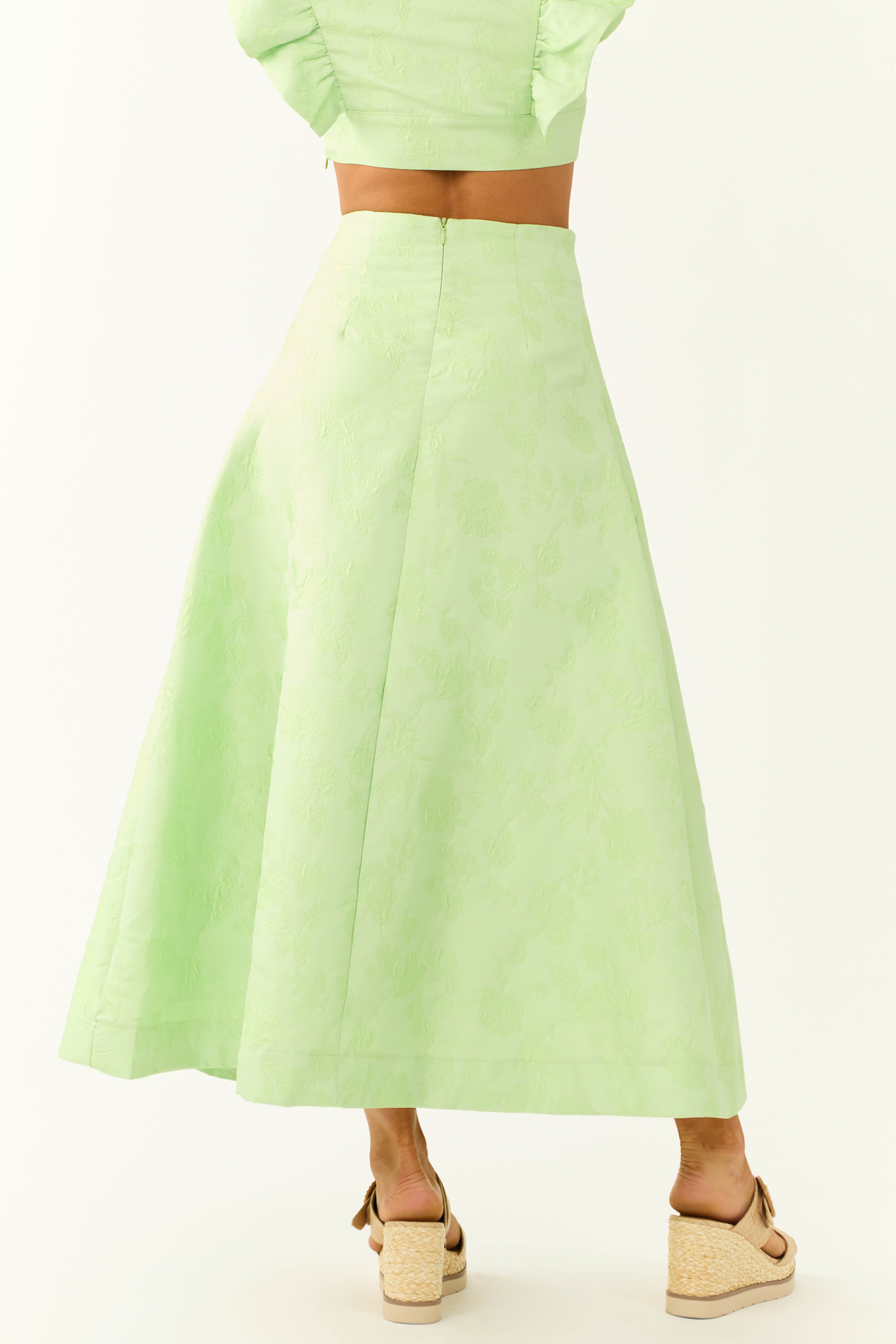 Light Lime Floral Jacquard A Line Midi Skirt-Newayad