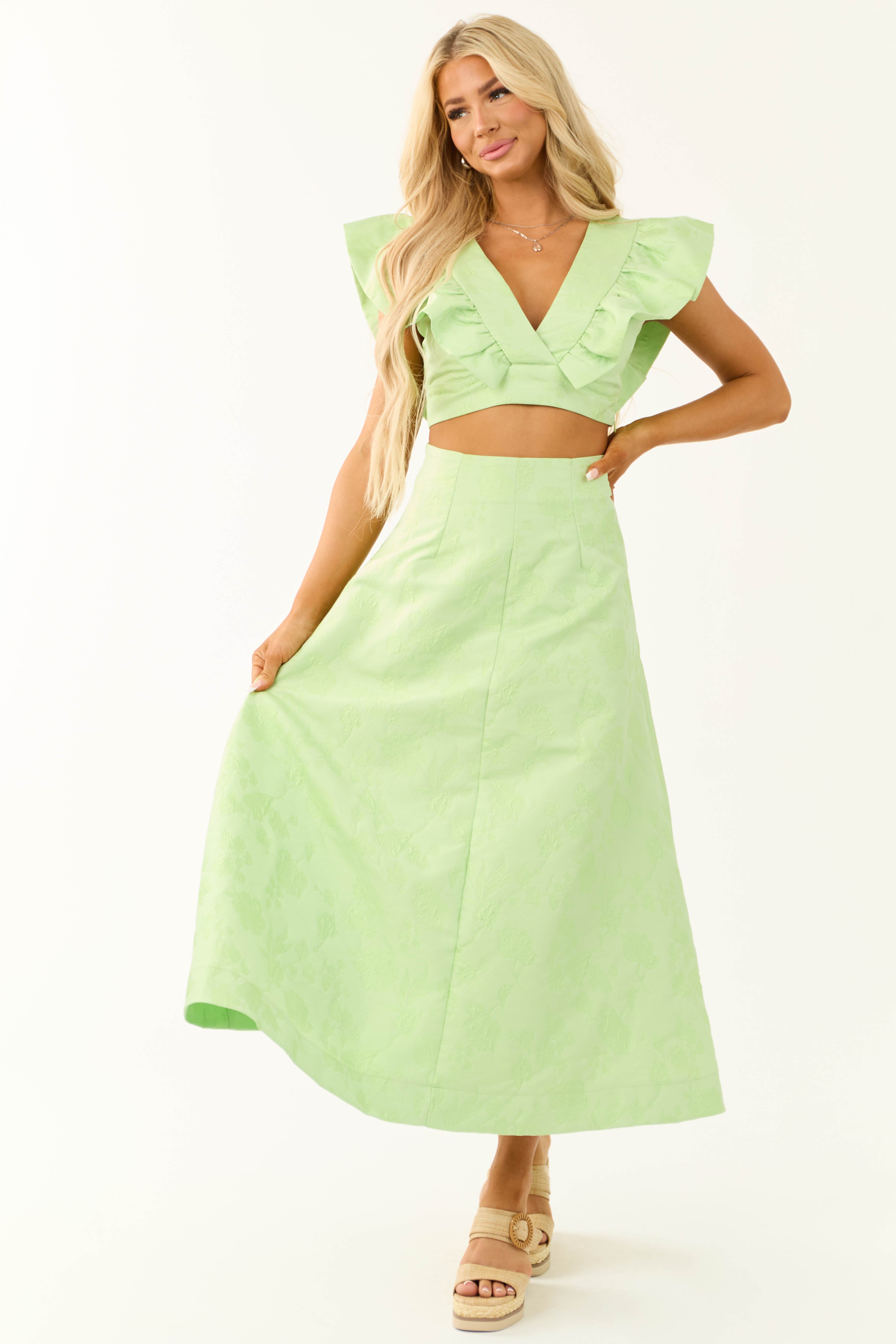 Light Lime Floral Jacquard A Line Midi Skirt-Newayad