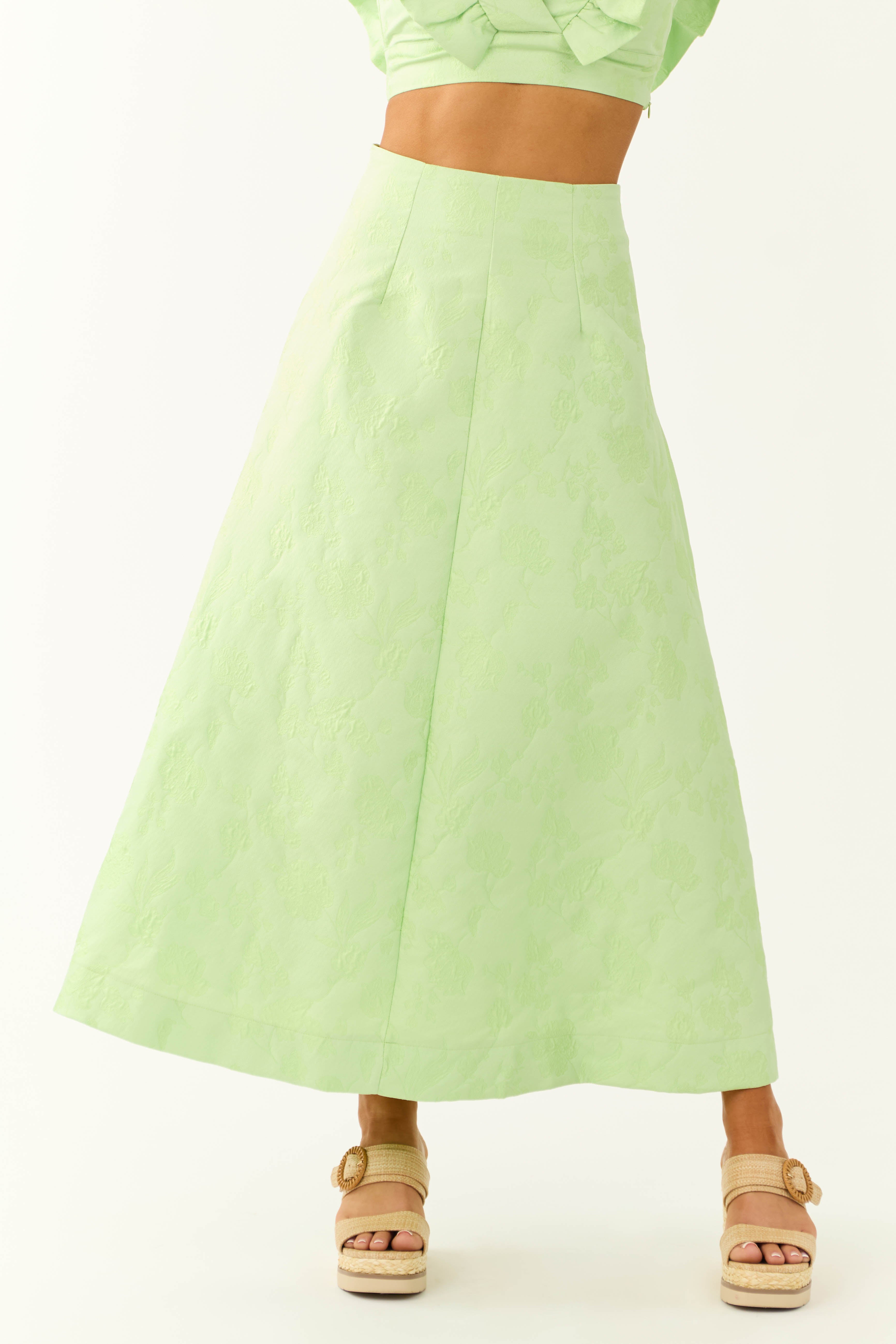 Light Lime Floral Jacquard A Line Midi Skirt-Newayad