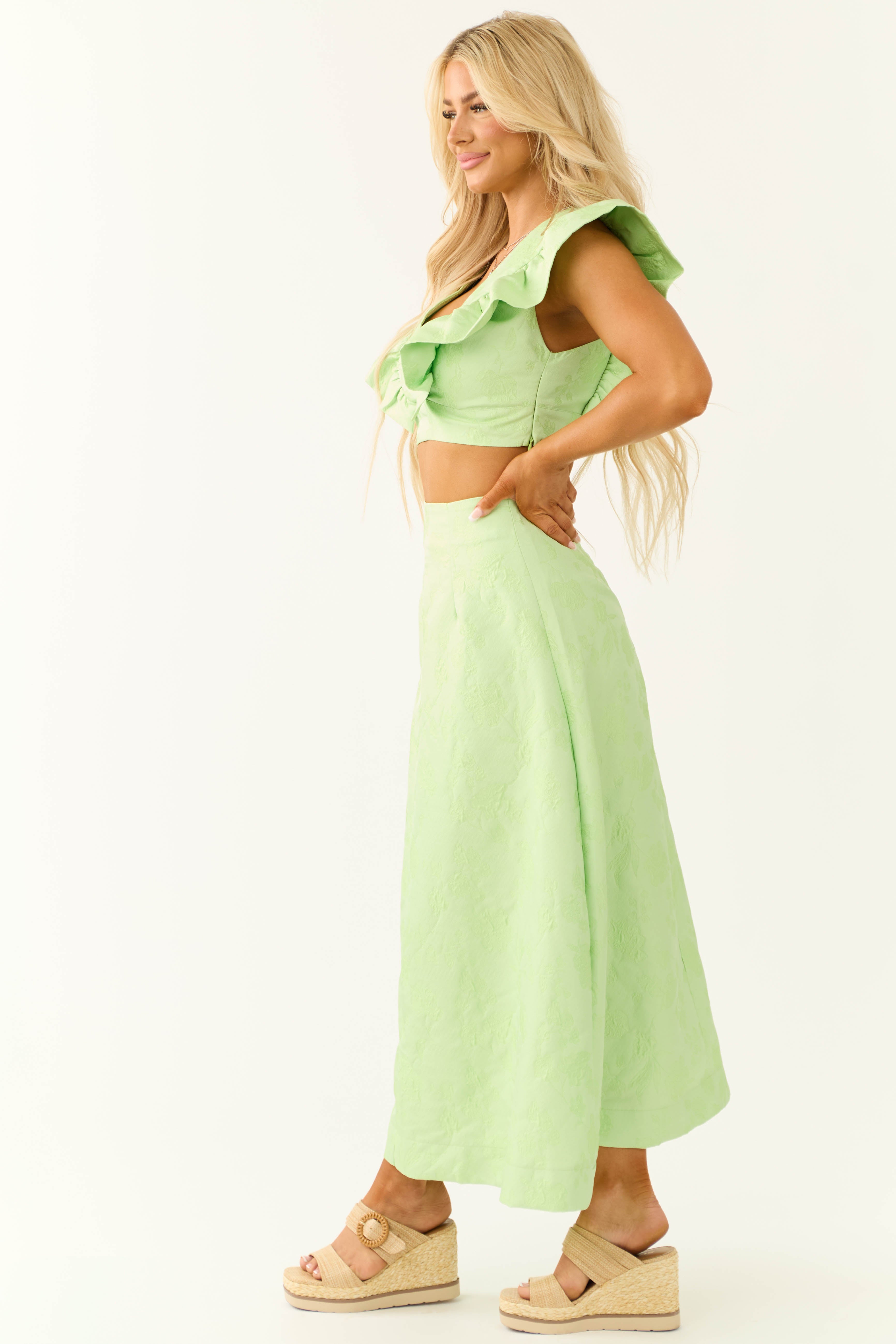 Light Lime Floral Jacquard A Line Midi Skirt-Newayad