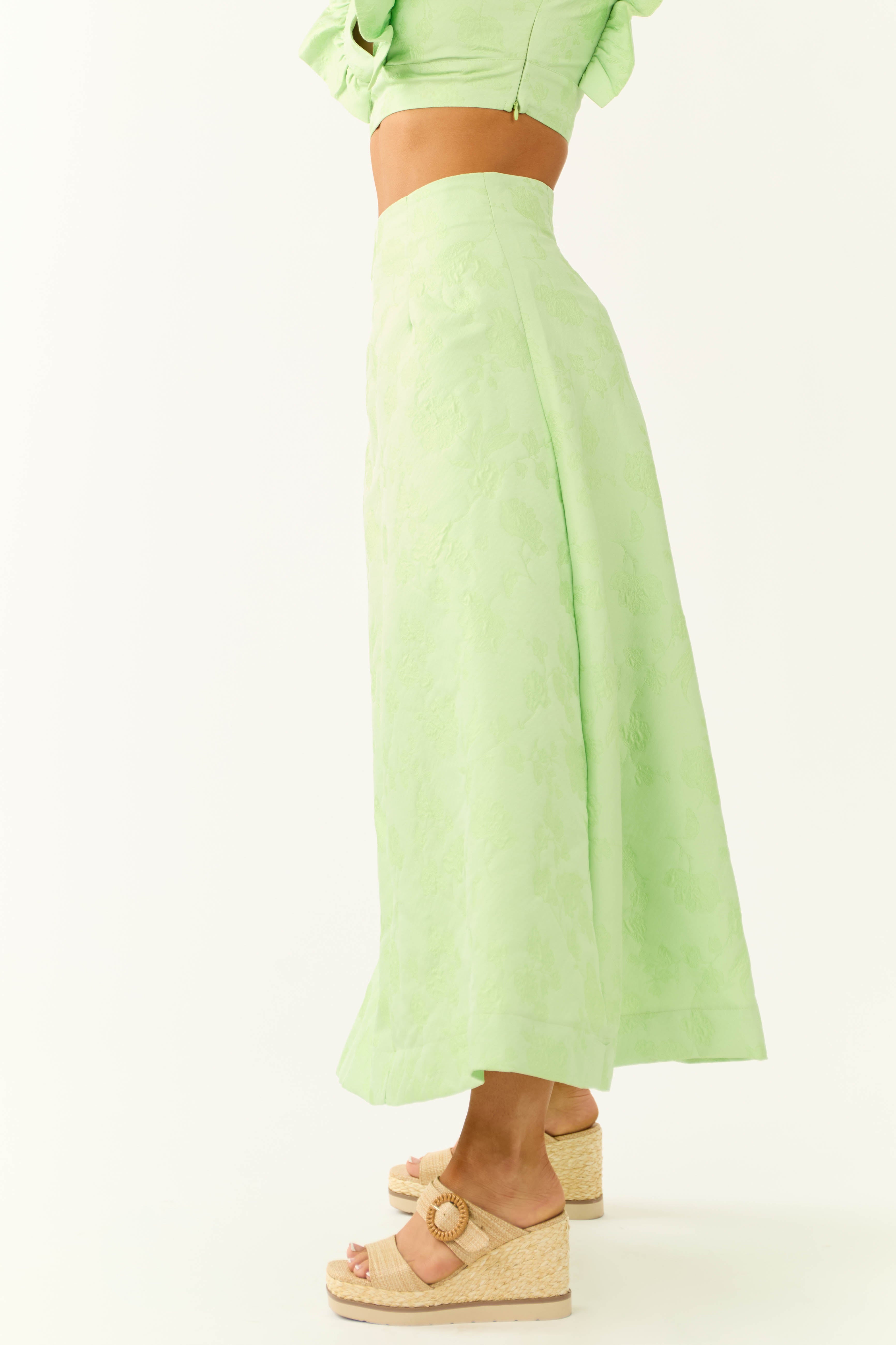 Light Lime Floral Jacquard A Line Midi Skirt-Newayad