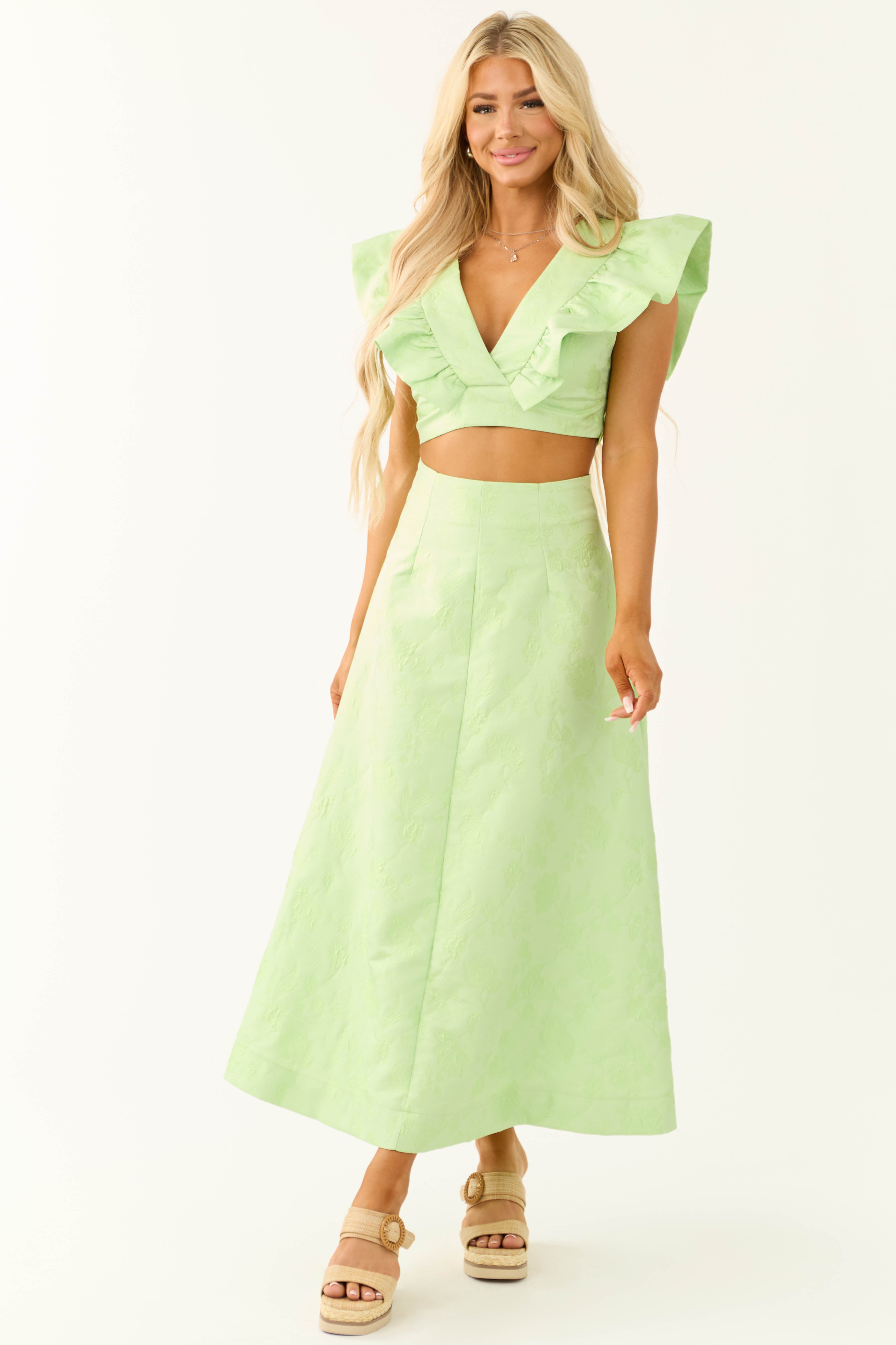 Light Lime Floral Jacquard Ruffle Crop Top-Newayad