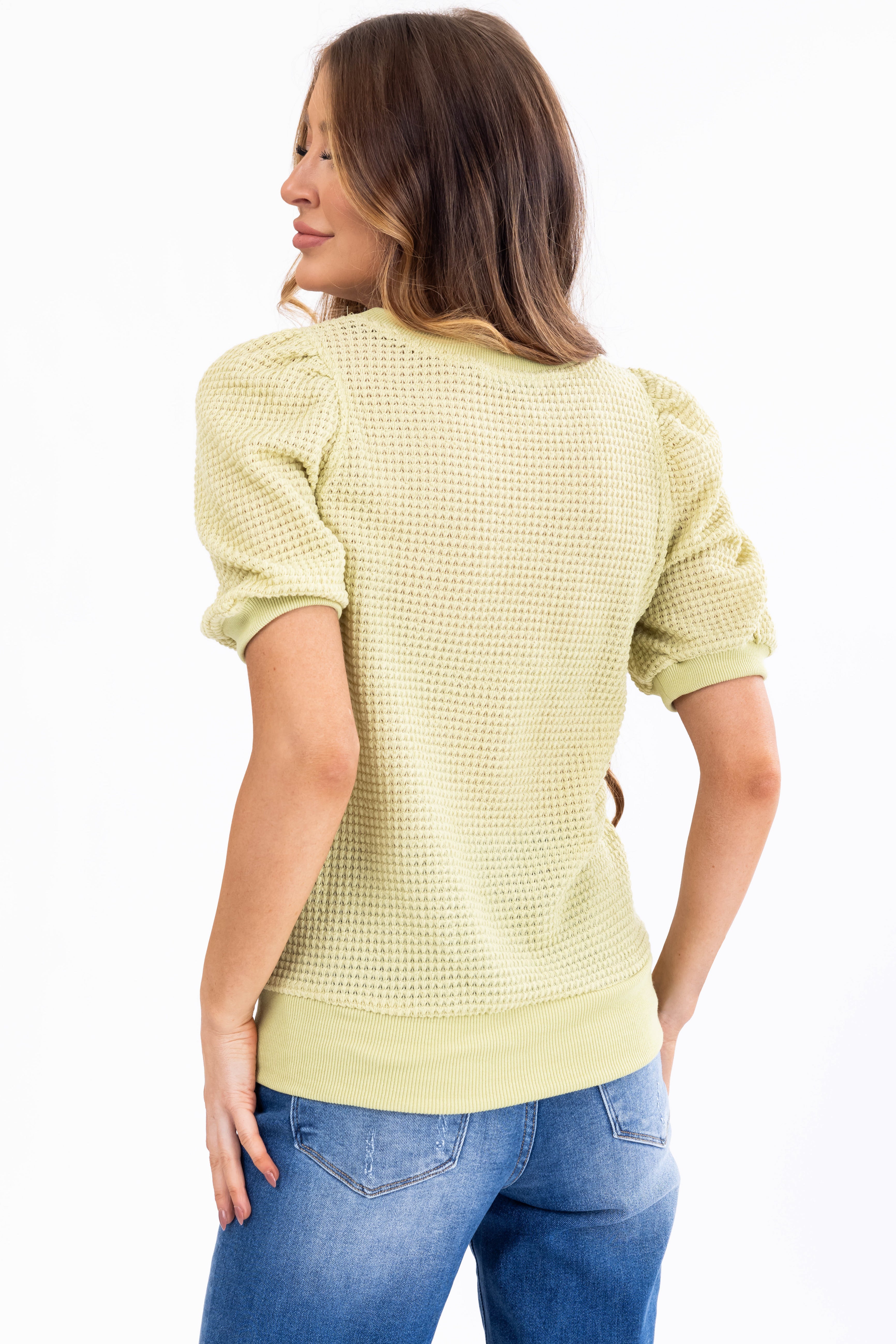 Light Lime Waffle Knit Puff Sleeve Top-Newayad