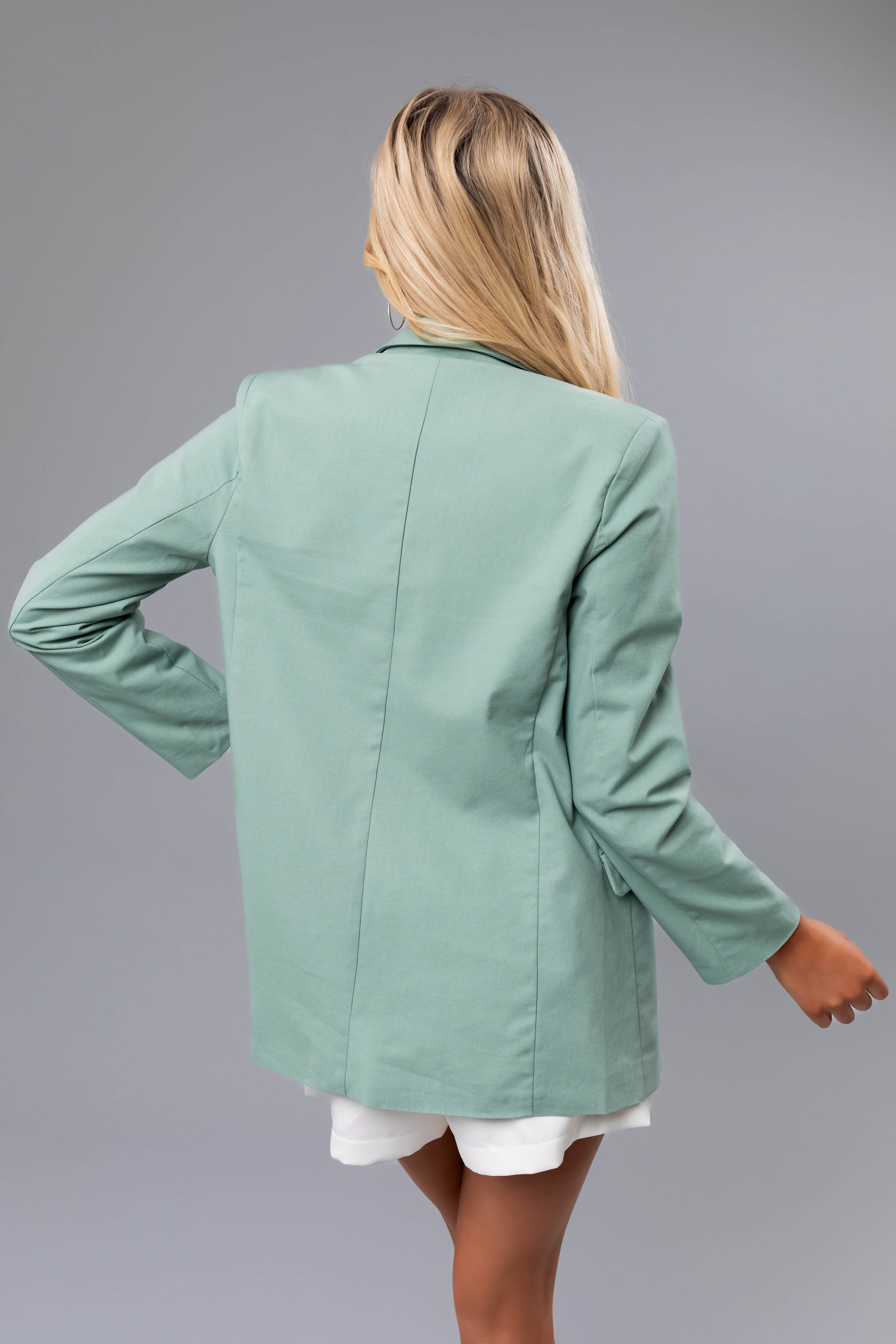 Light Sage Open Front Linen Blazer-Newayad