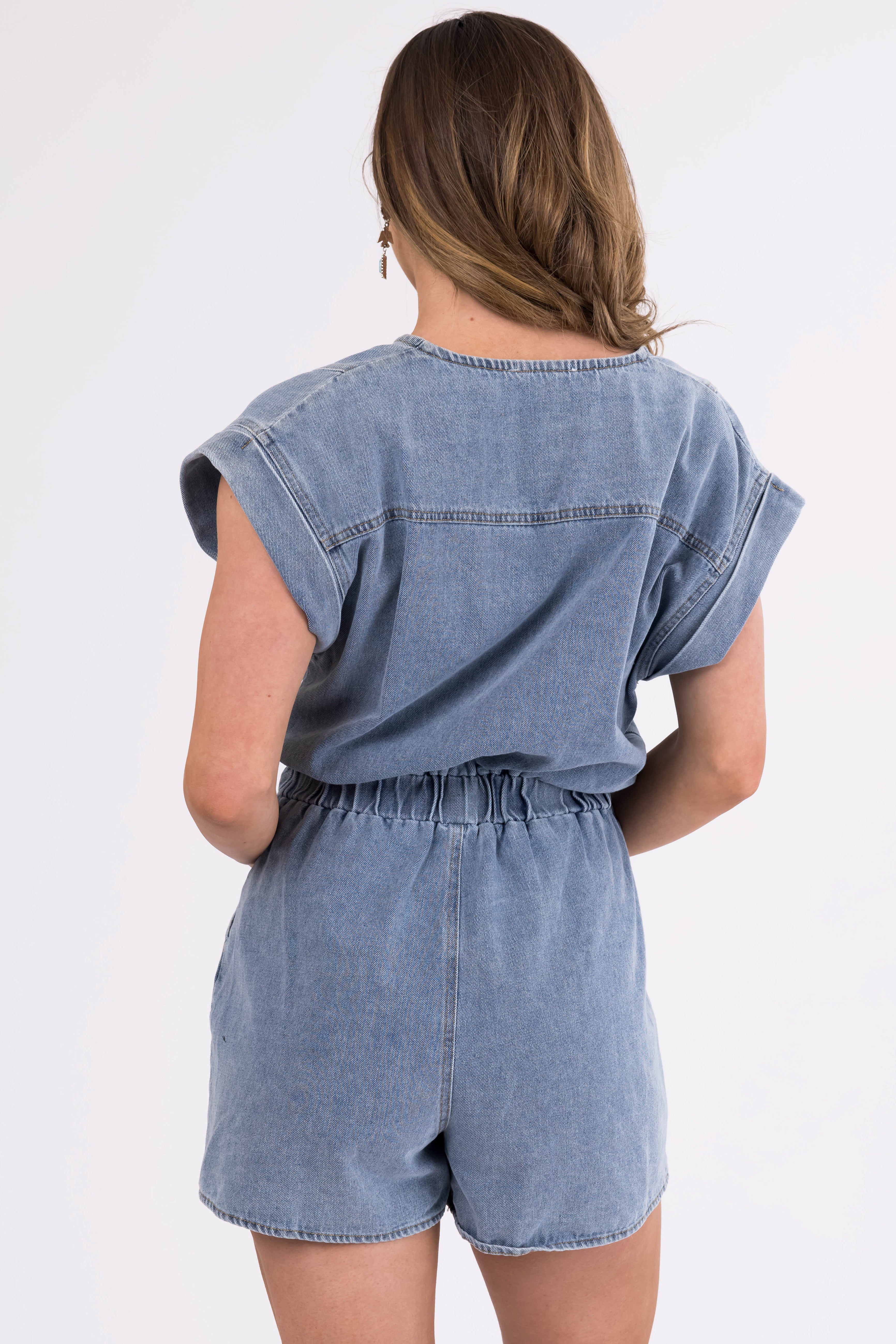 Light Wash Denim Button Down Romper-Newayad