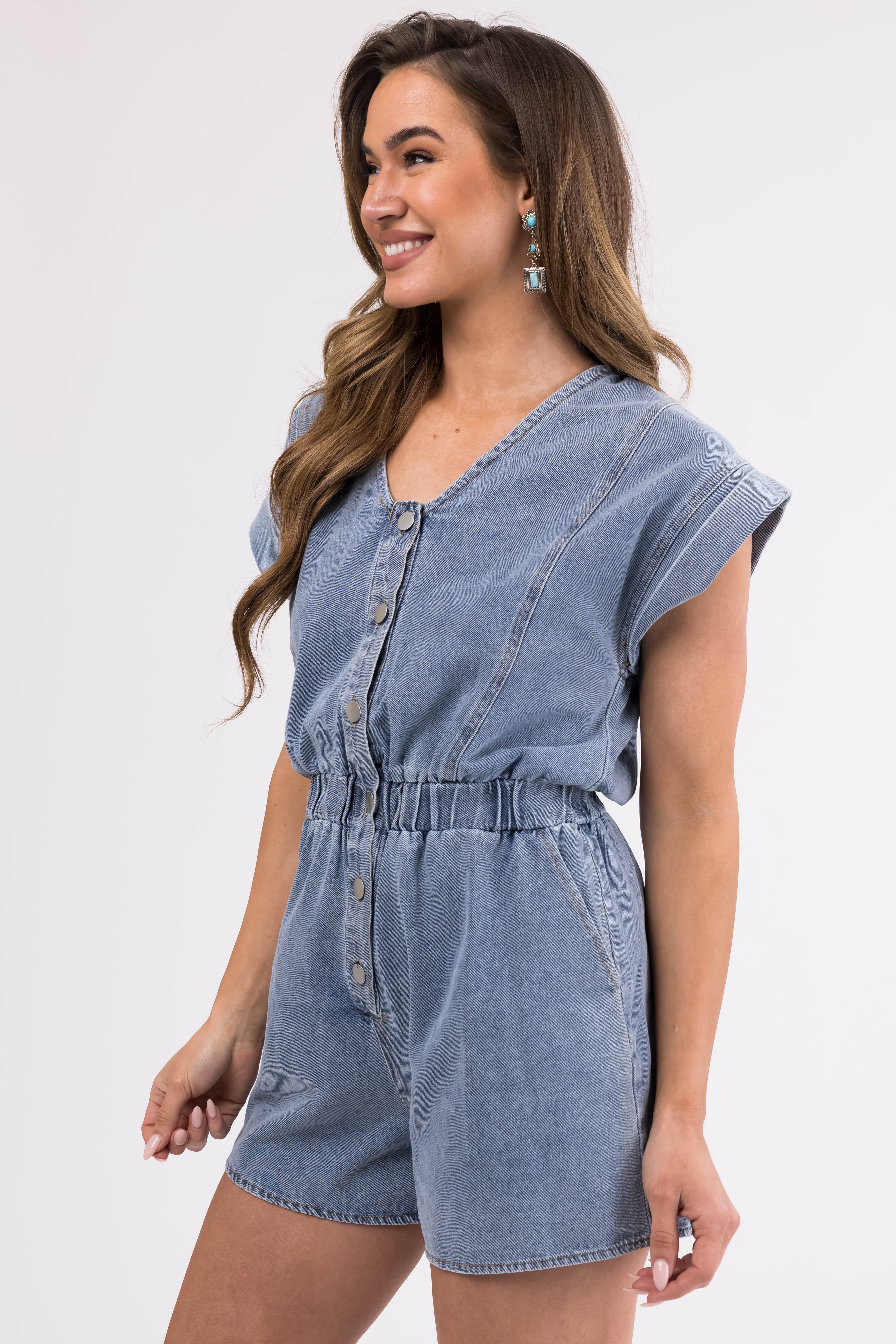 Light Wash Denim Button Down Romper-Newayad