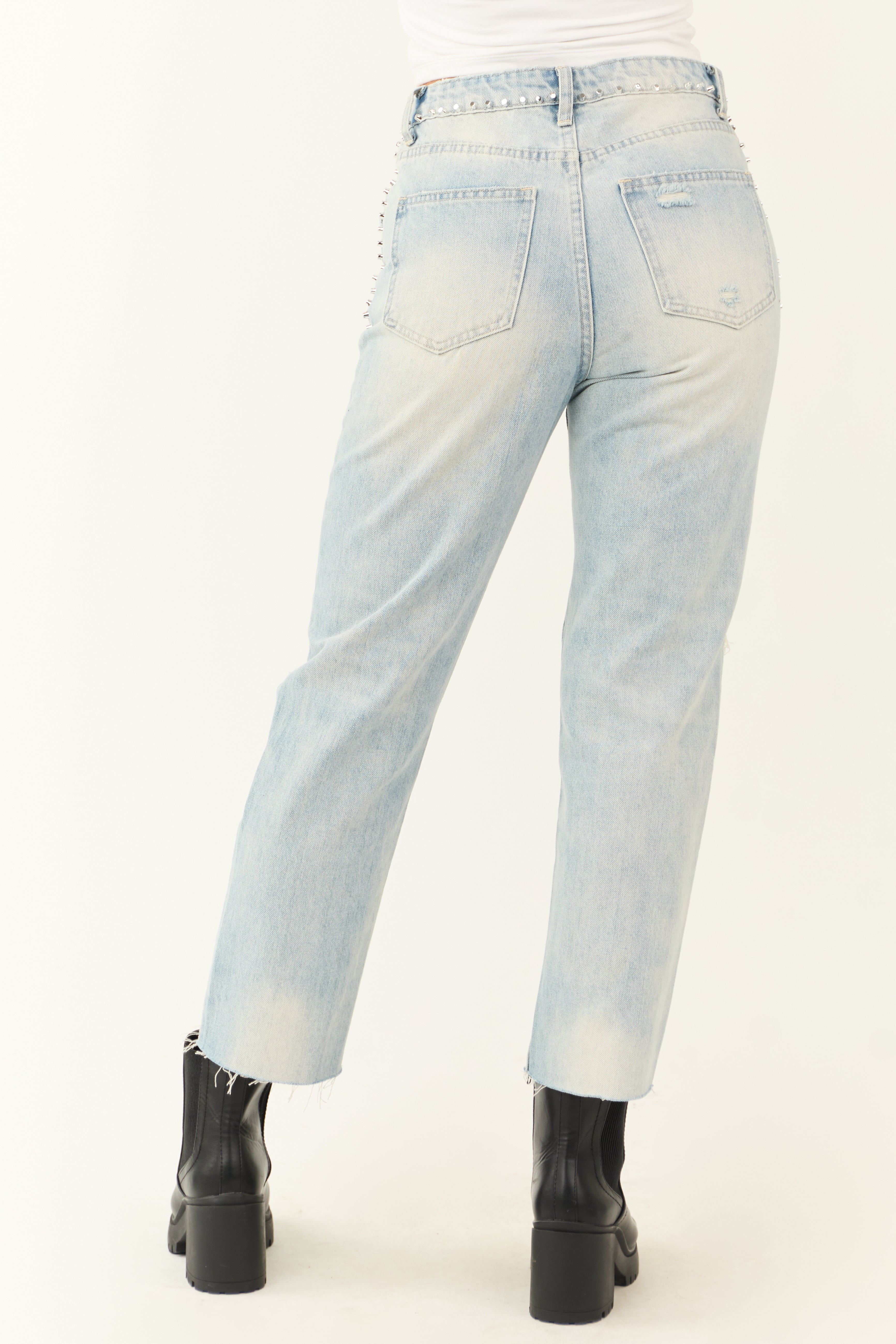 Light Wash Rhinestone Studded Straight Jeans-Newayad