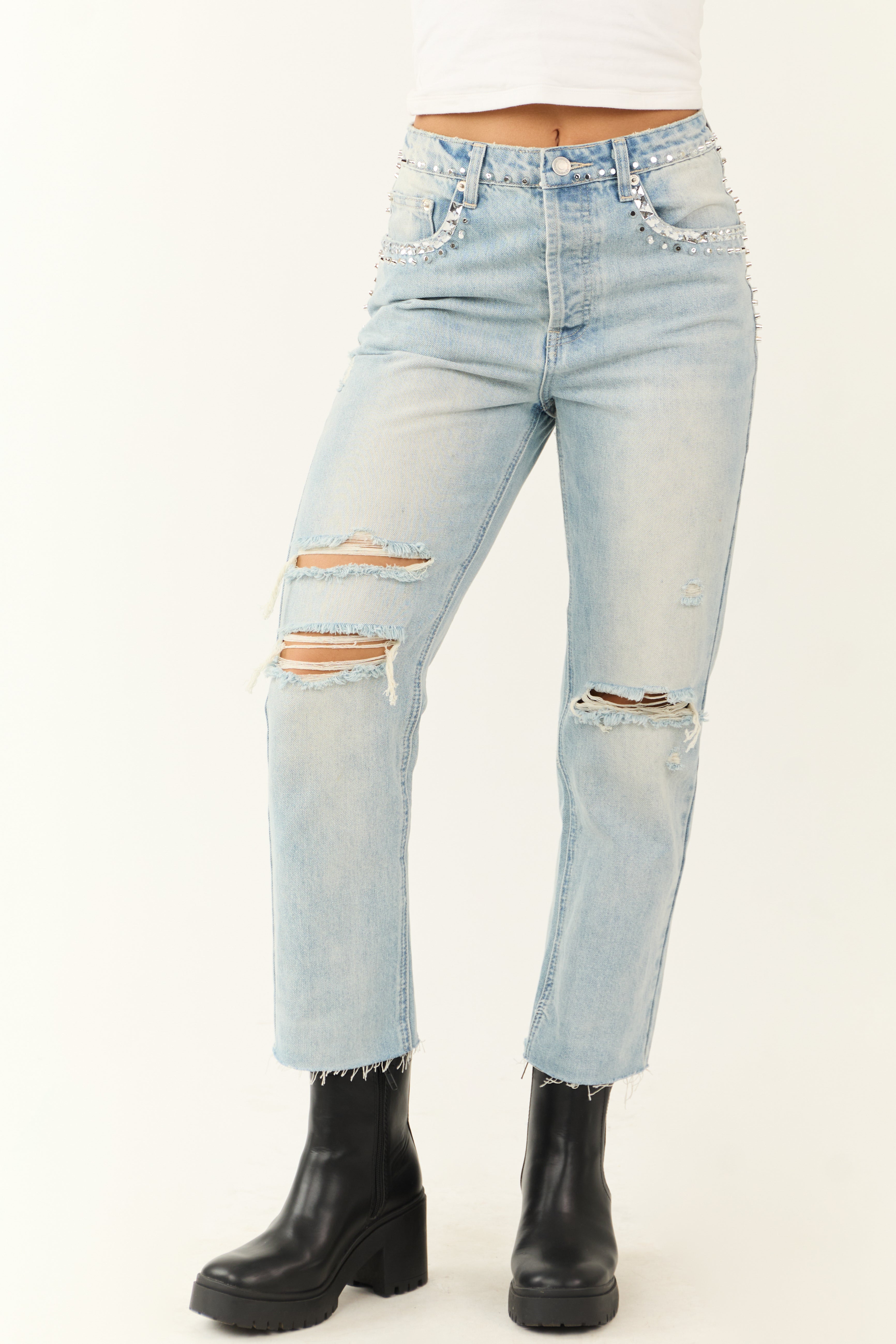 Light Wash Rhinestone Studded Straight Jeans-Newayad