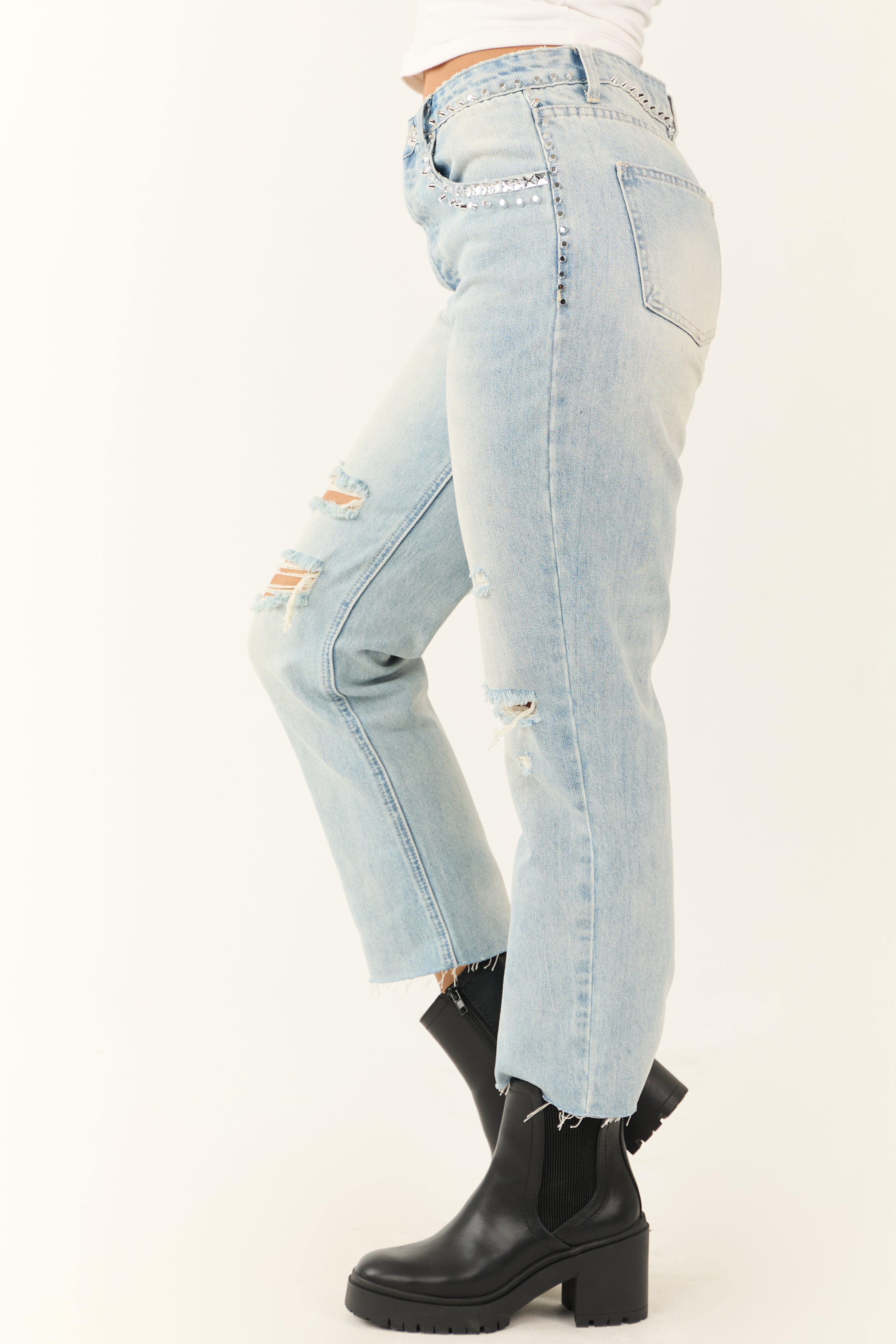 Light Wash Rhinestone Studded Straight Jeans-Newayad
