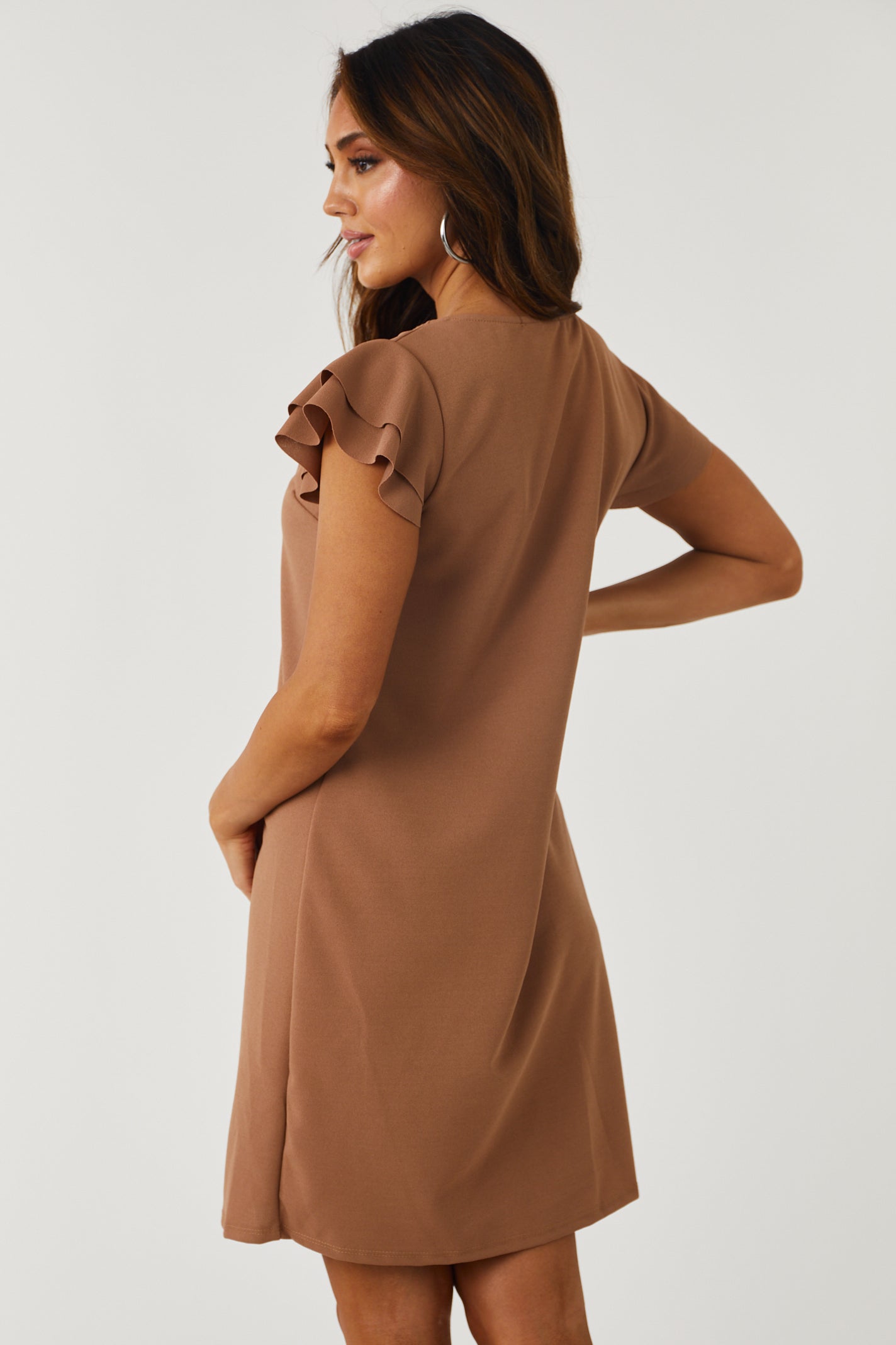 Lily Coffee Ruffle Sleeve Shift Dress-Newayad