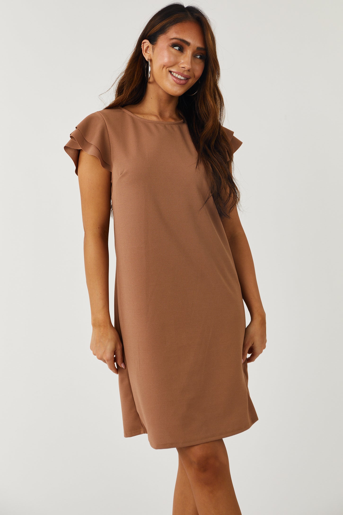 Lily Coffee Ruffle Sleeve Shift Dress-Newayad
