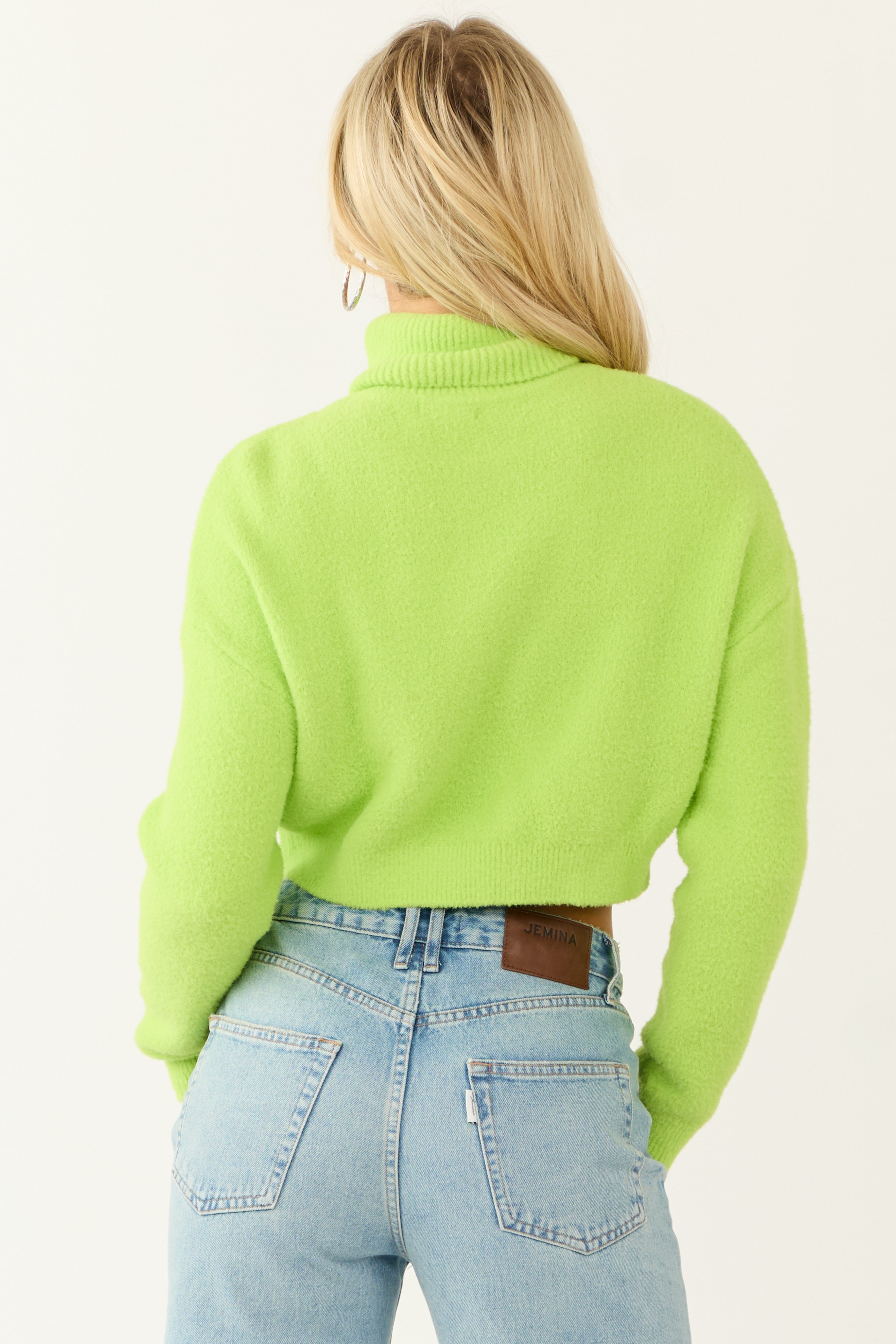 Lime Cropped Turtleneck Fuzzy Sweater-Newayad