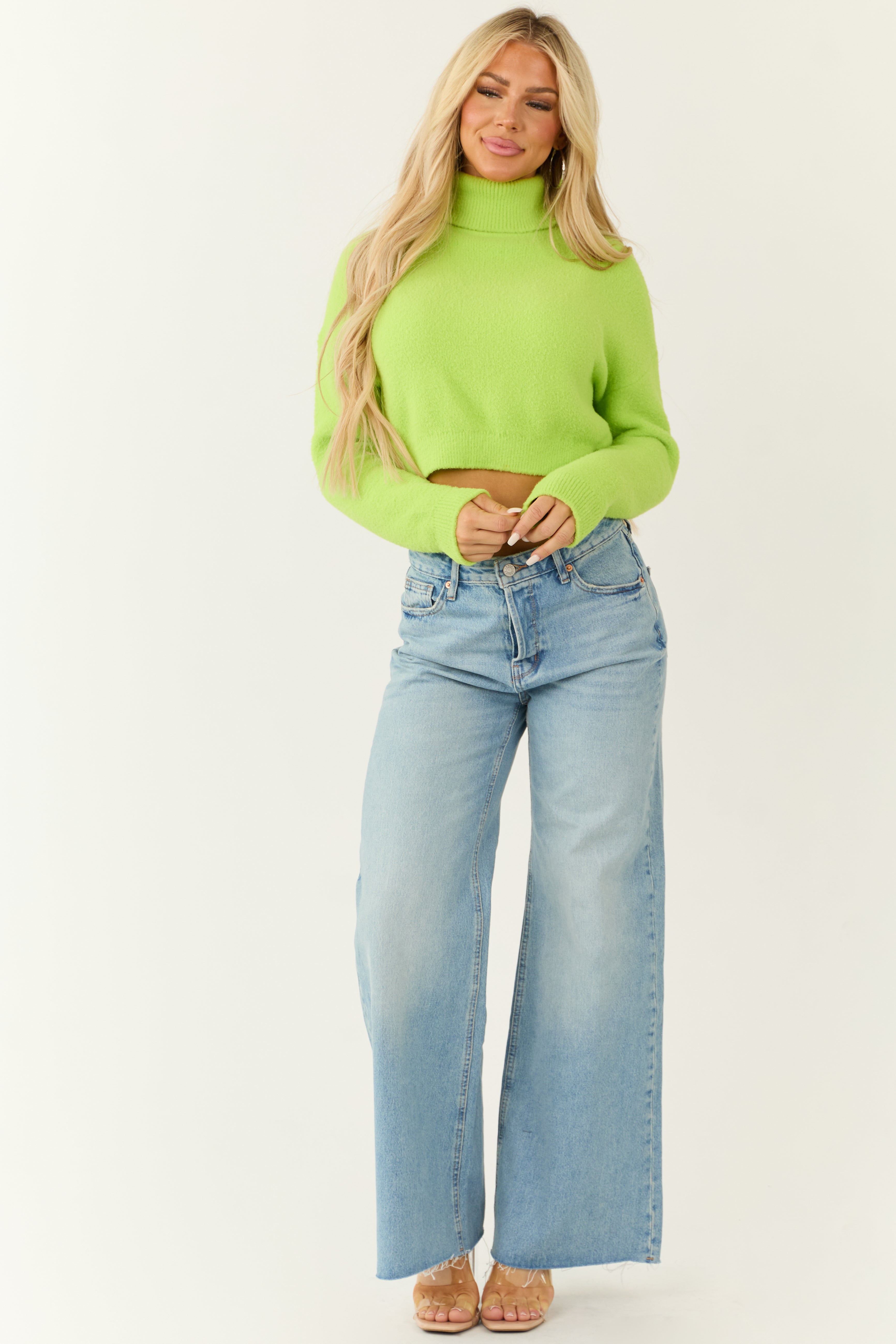 Lime Cropped Turtleneck Fuzzy Sweater-Newayad