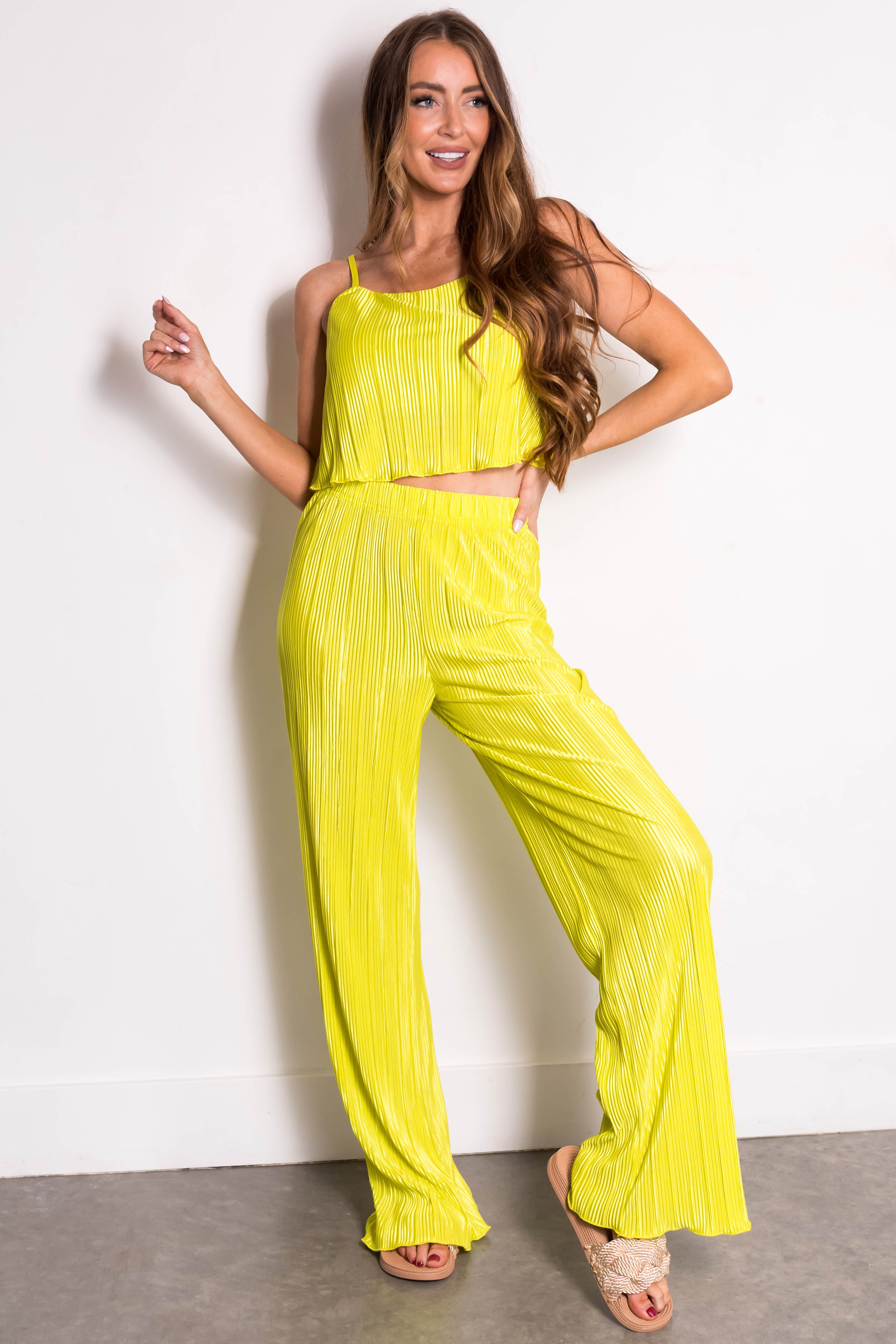 Lime Plisse Sleeveless Top and Pants Set-Newayad