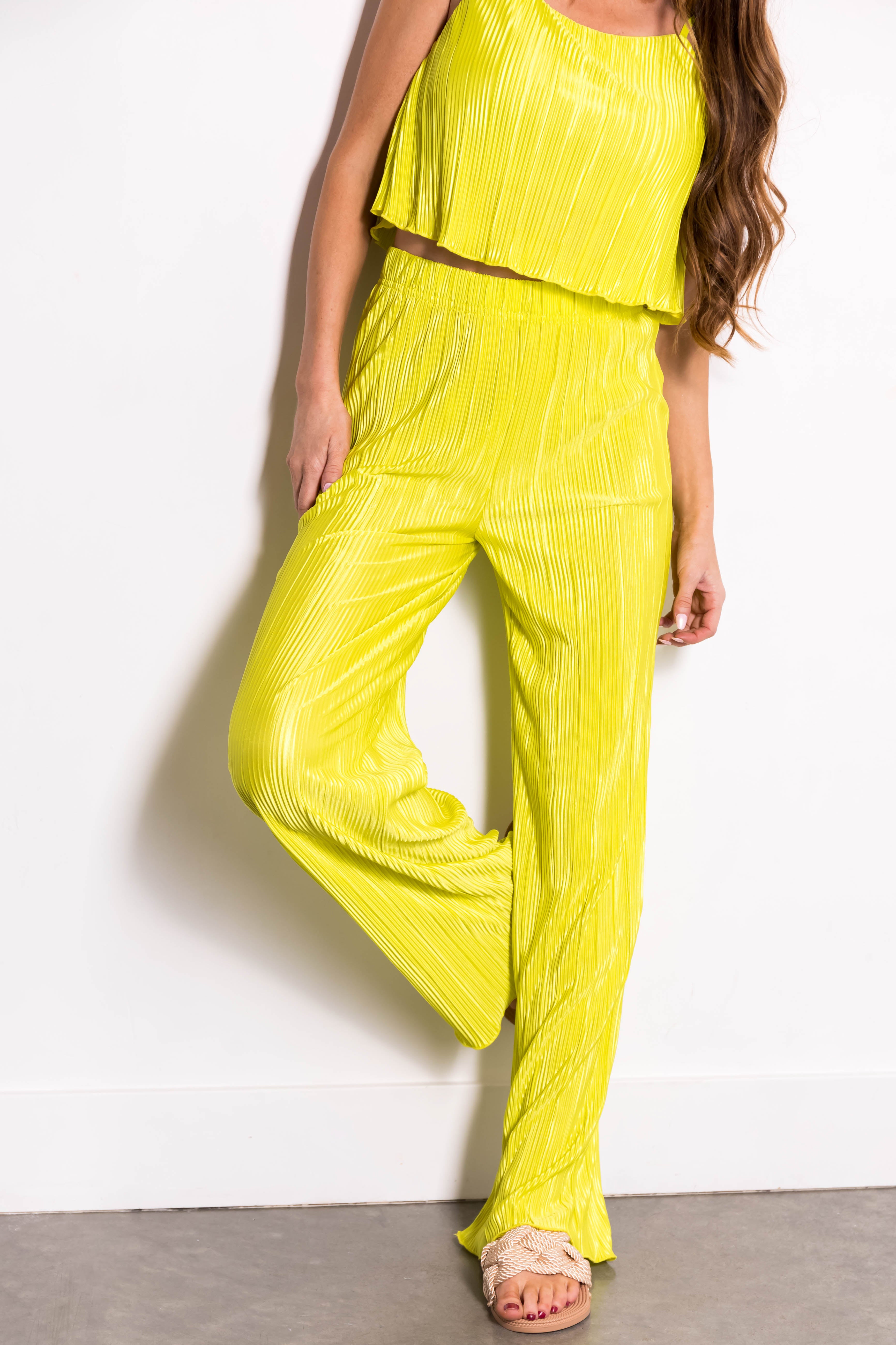 Lime Plisse Sleeveless Top and Pants Set-Newayad