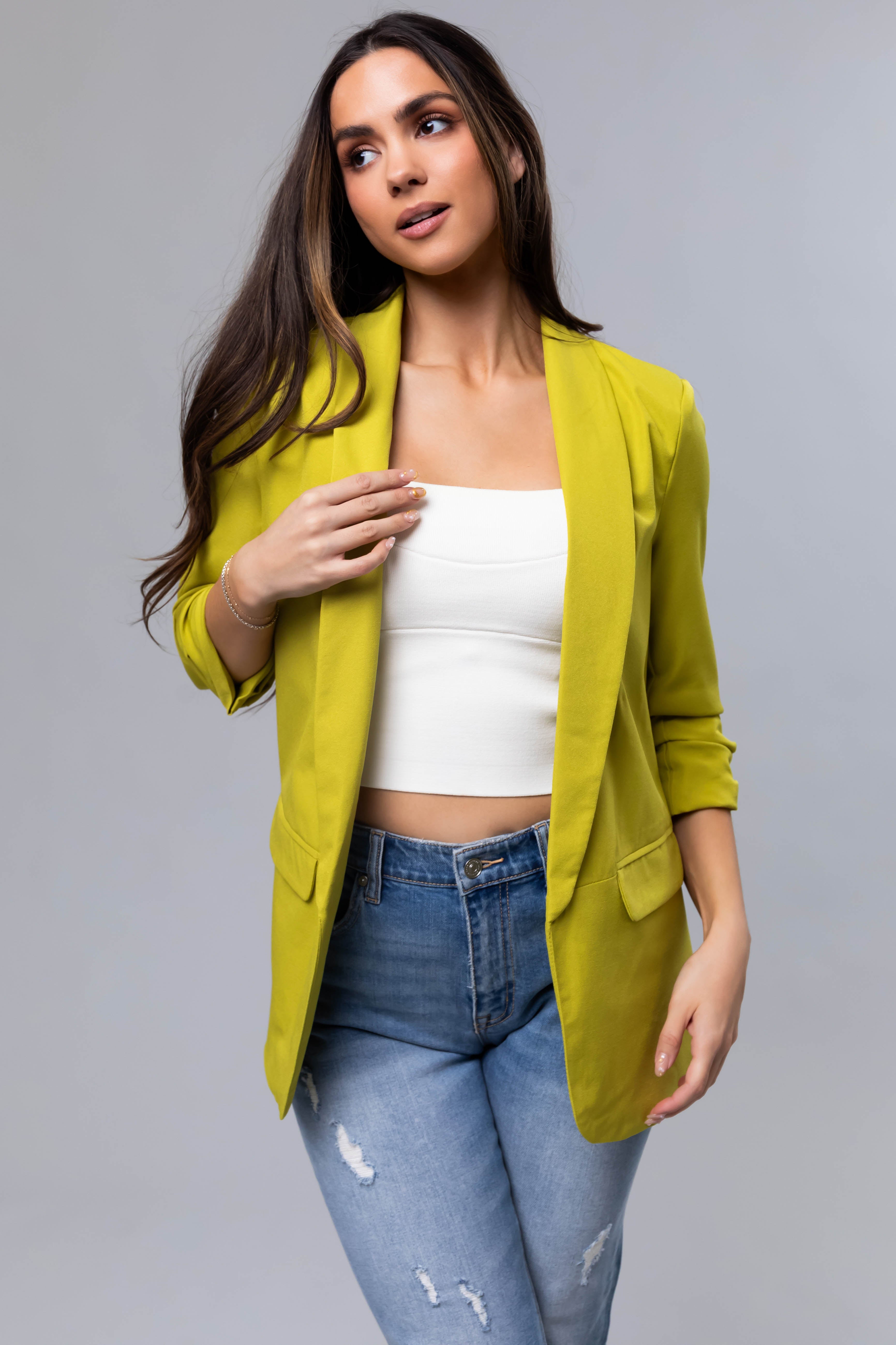 Lime Ruched 3/4 Sleeve Open Front Blazer-Newayad