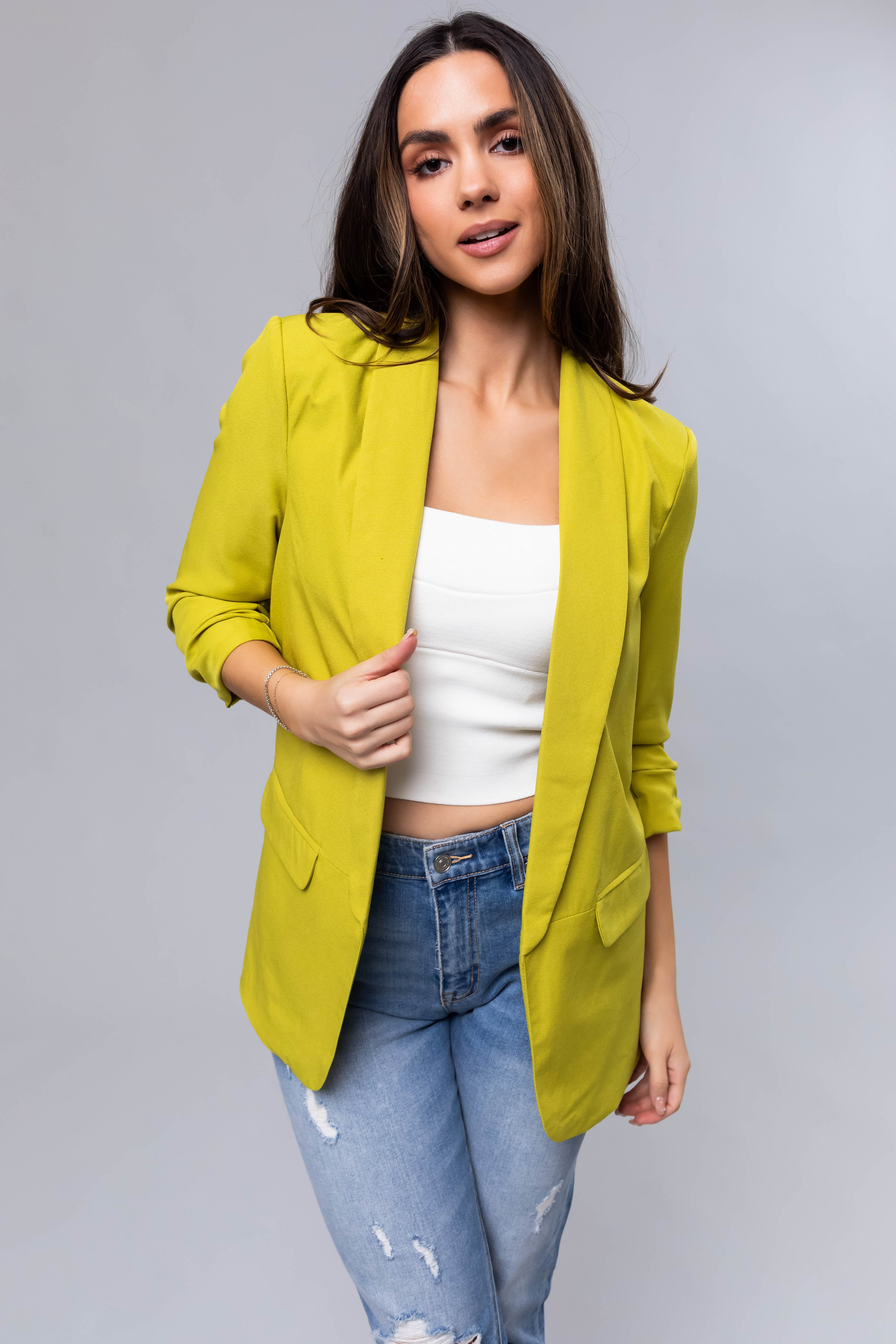 Lime Ruched 3/4 Sleeve Open Front Blazer-Newayad