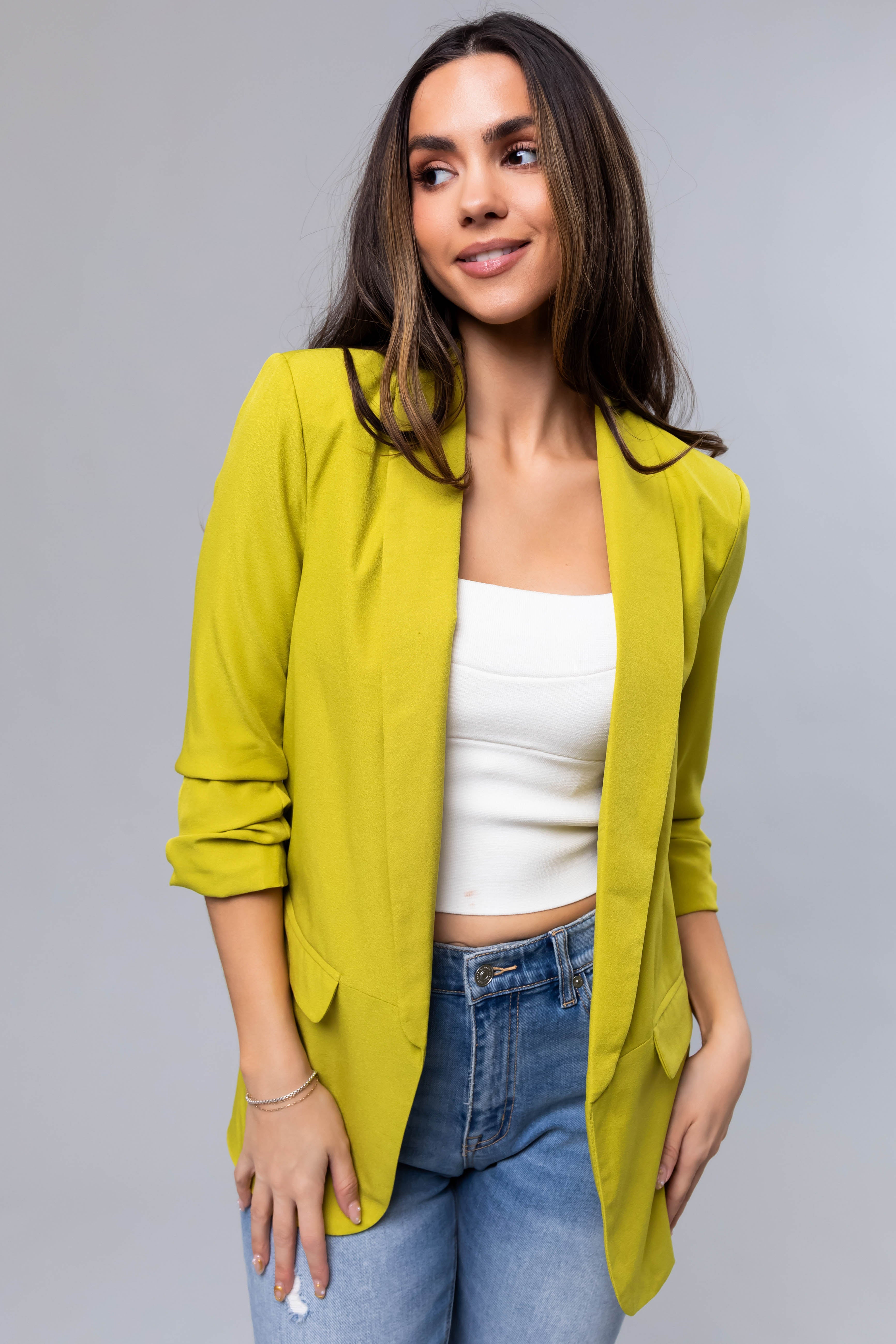 Lime Ruched 3/4 Sleeve Open Front Blazer-Newayad