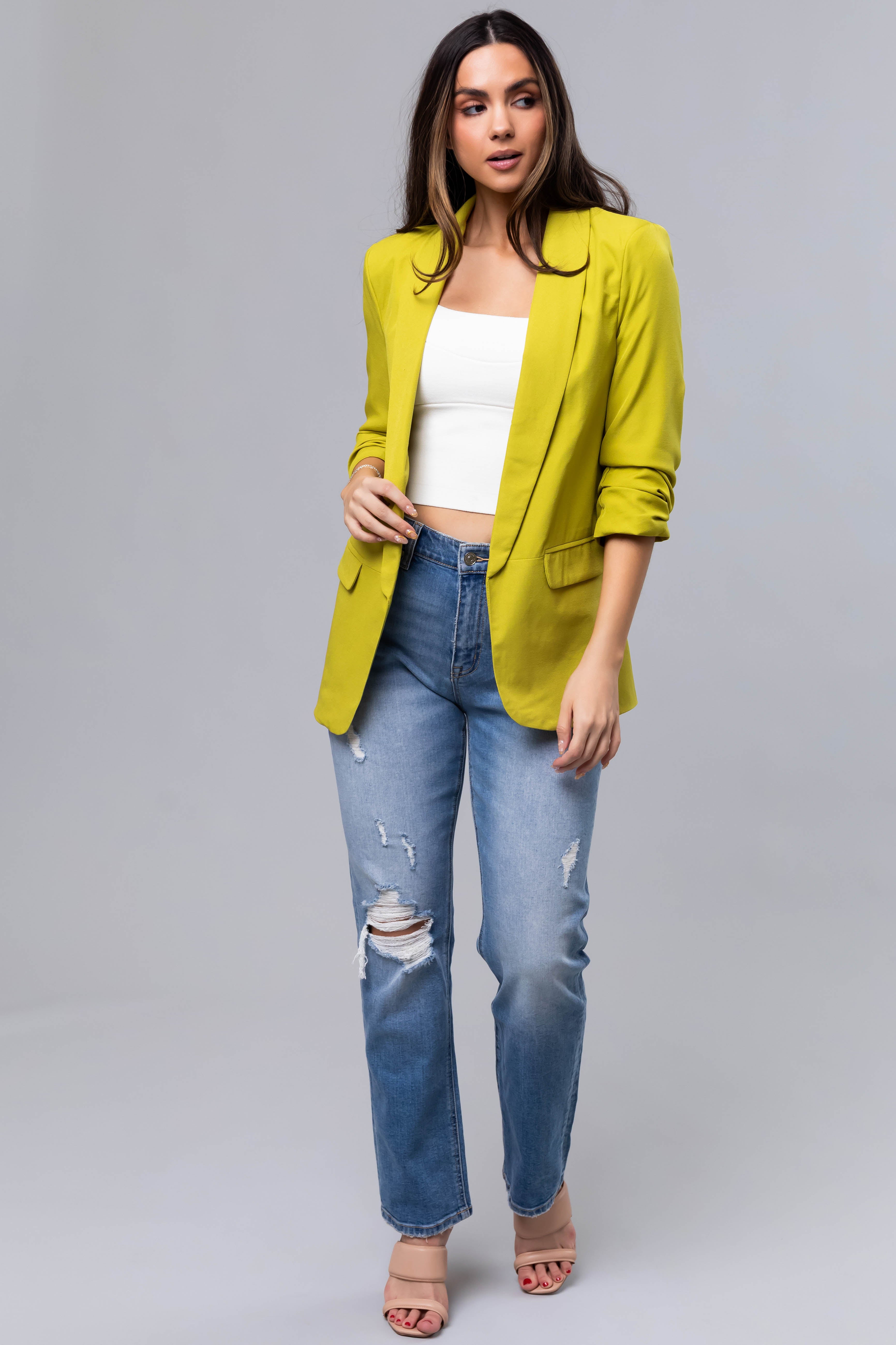 Lime Ruched 3/4 Sleeve Open Front Blazer-Newayad