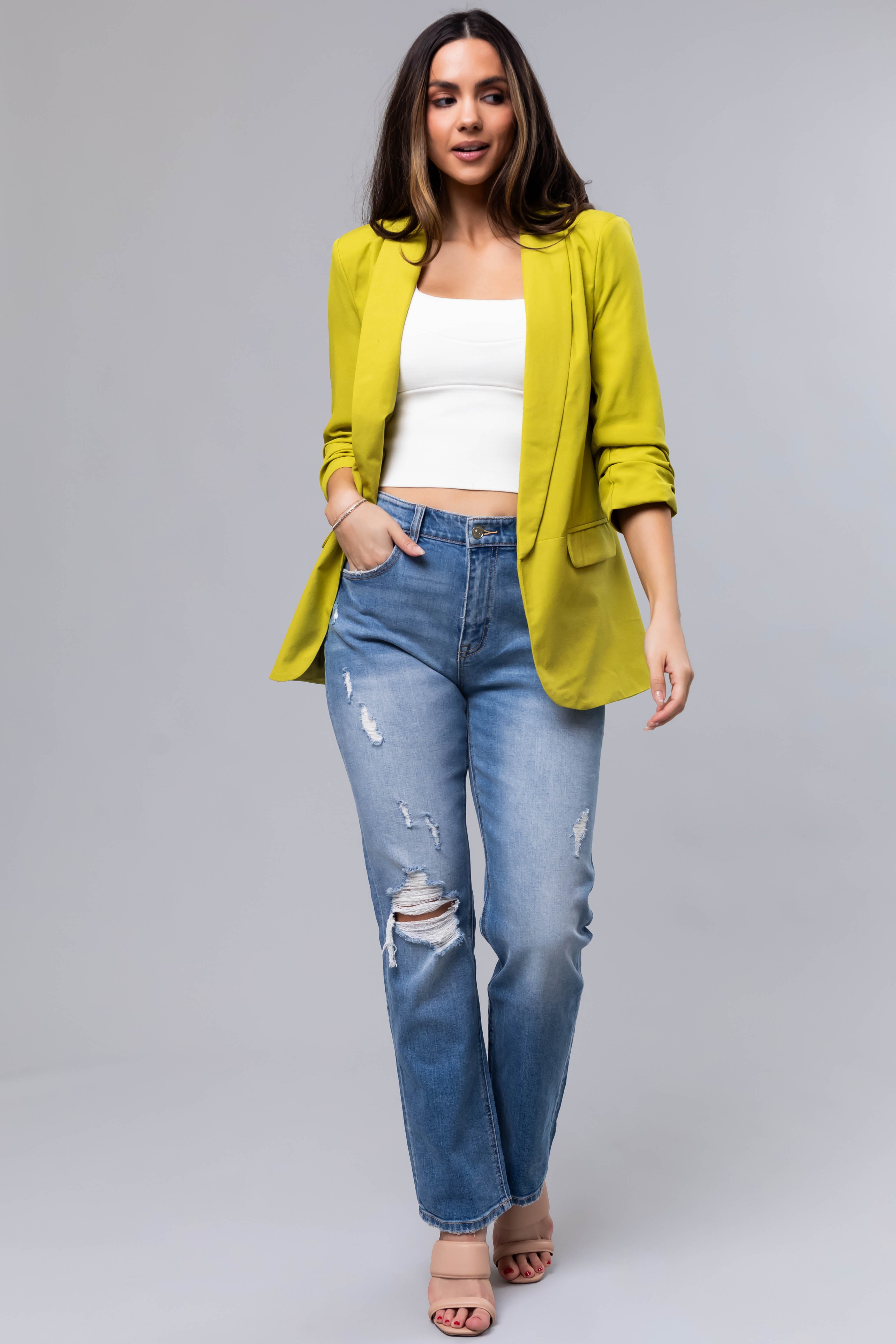 Lime Ruched 3/4 Sleeve Open Front Blazer-Newayad