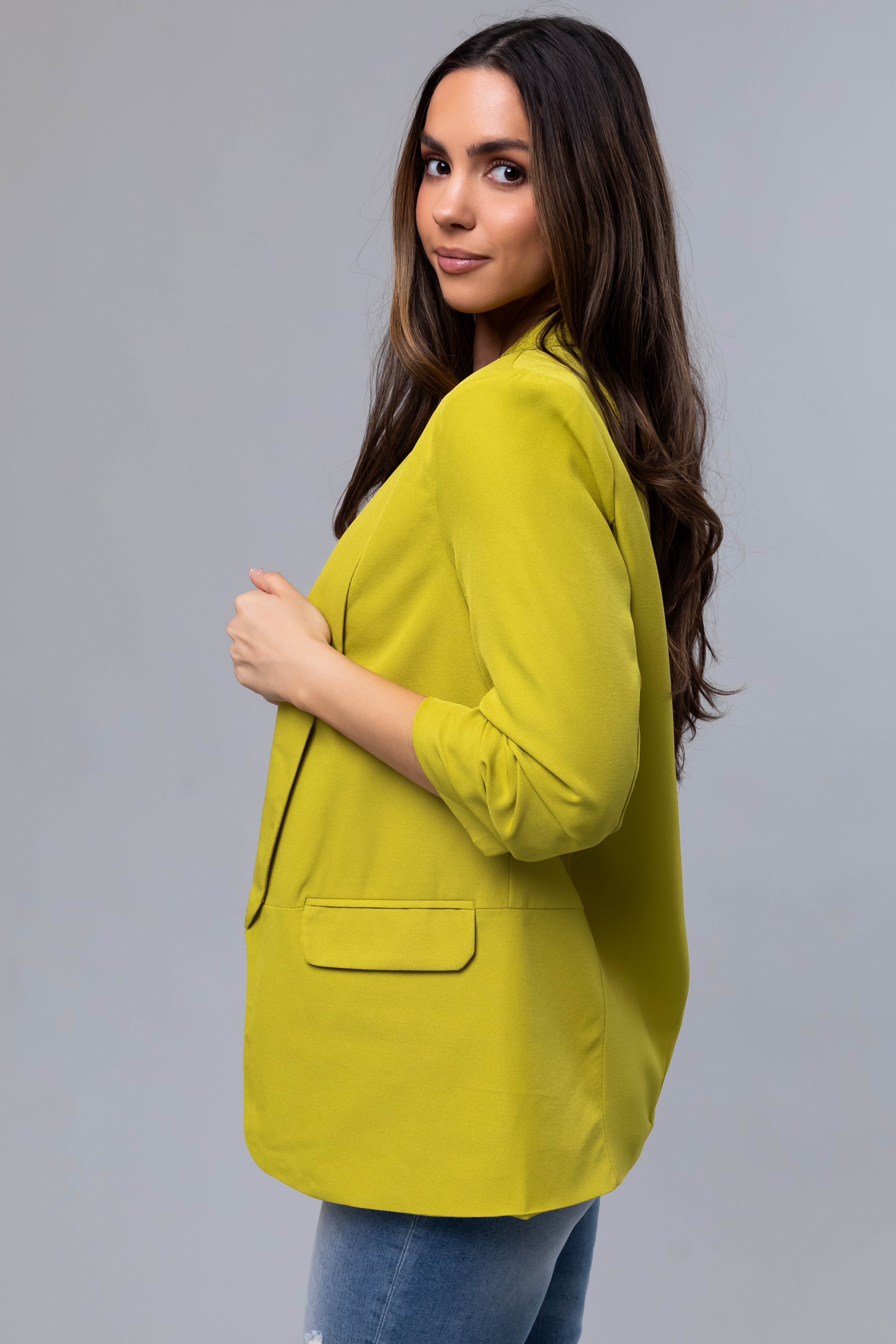 Lime Ruched 3/4 Sleeve Open Front Blazer-Newayad
