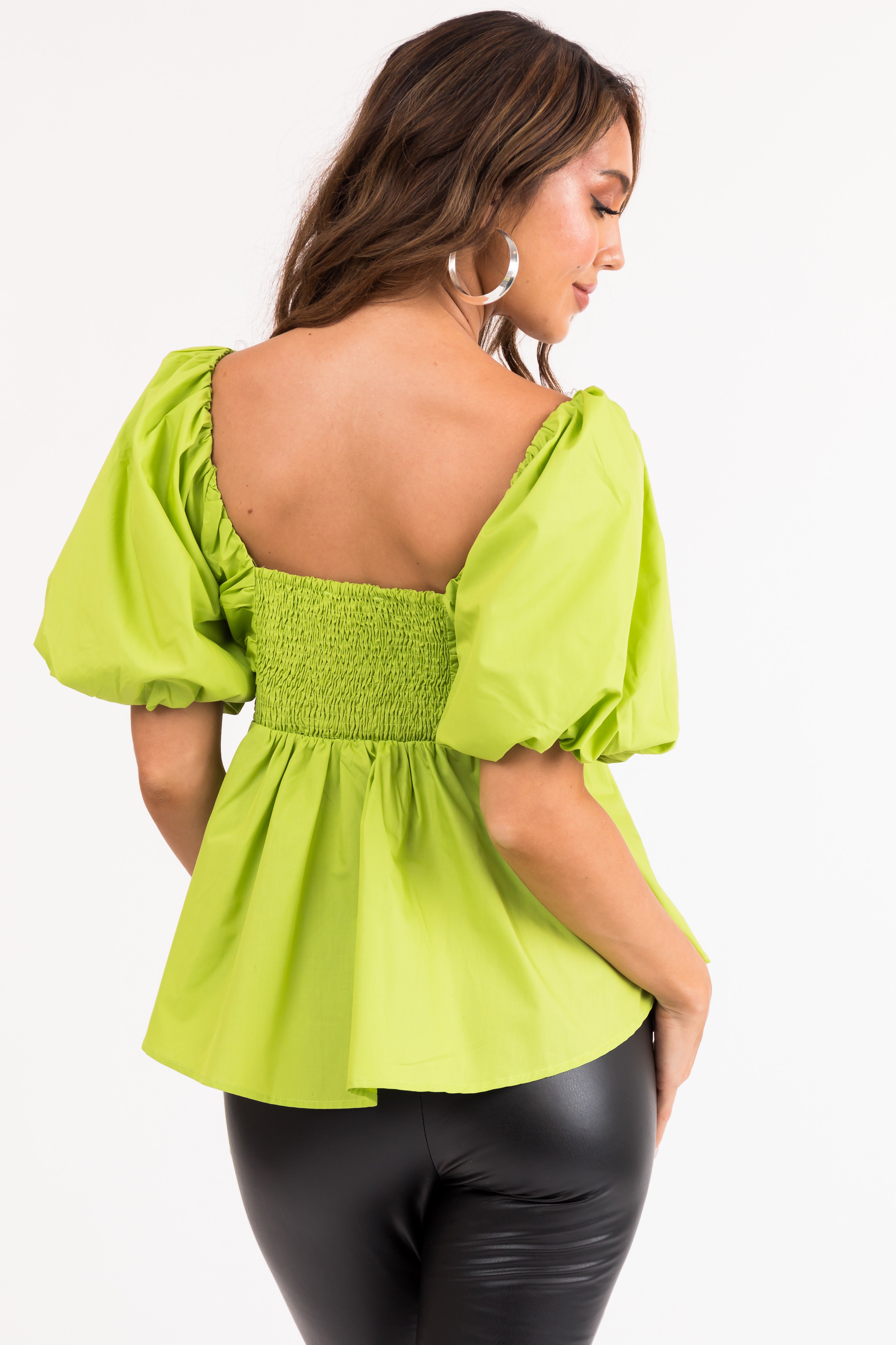 Lime Short Puff Sleeve Sweetheart Neck Top-Newayad