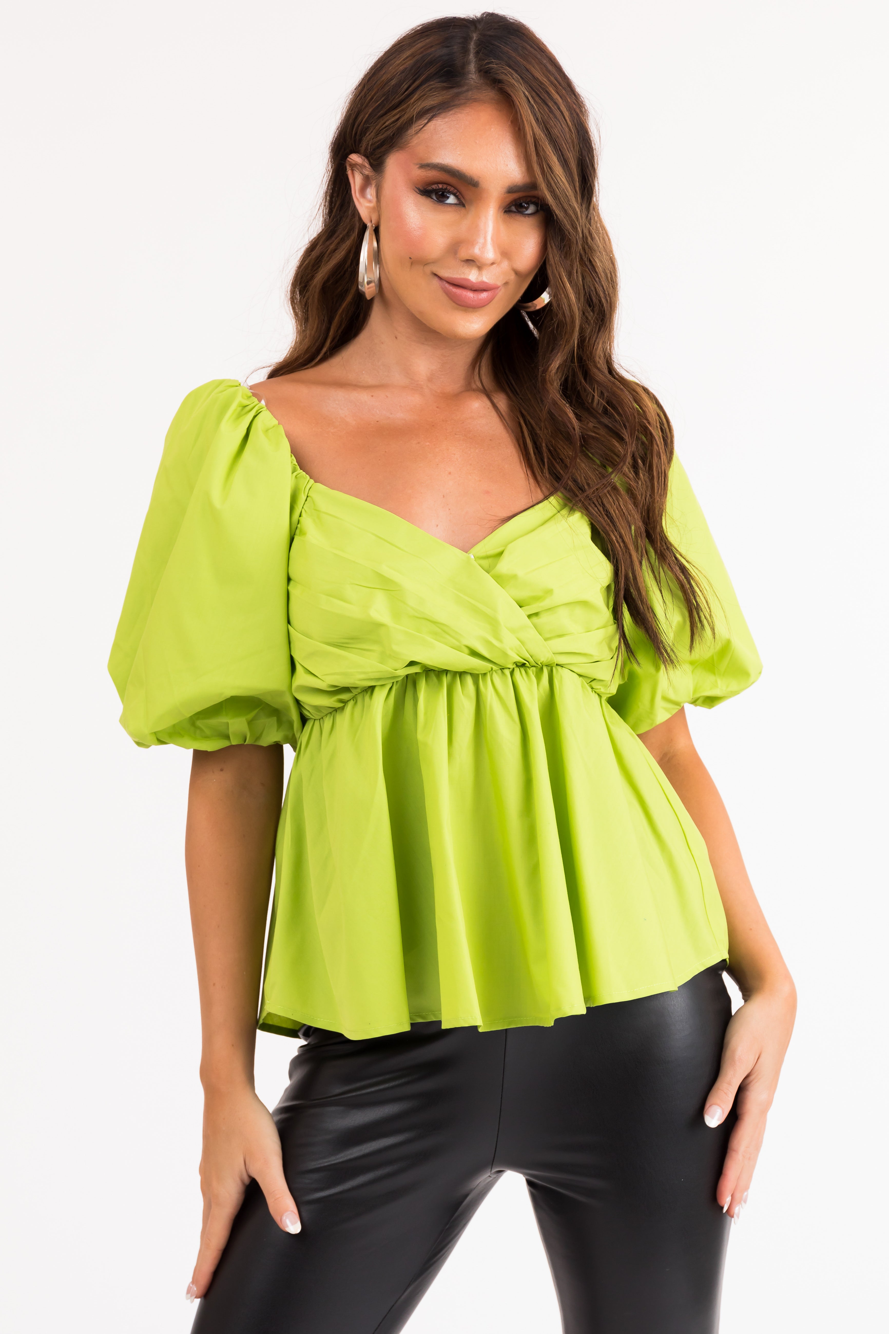 Lime Short Puff Sleeve Sweetheart Neck Top-Newayad