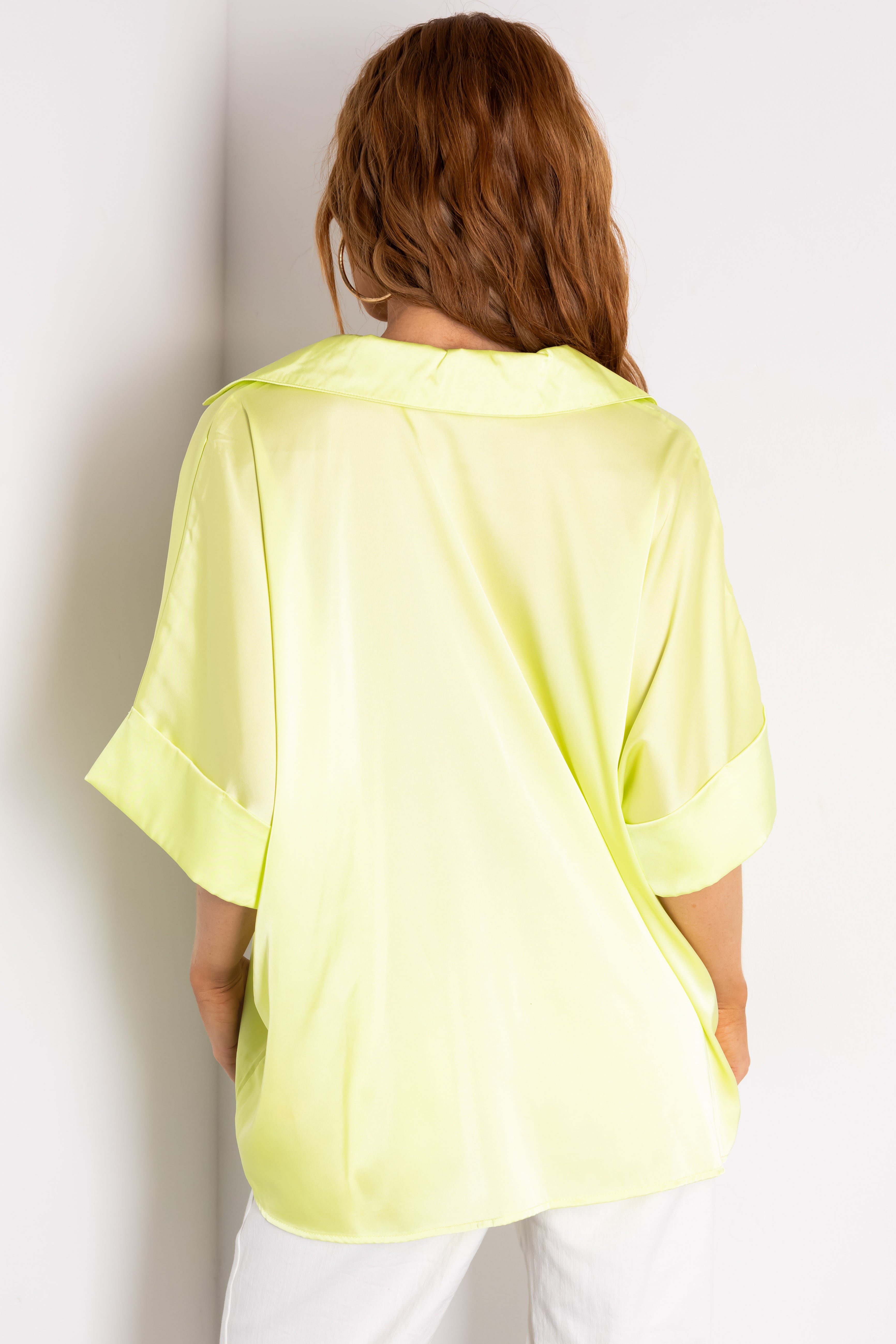 Lime V Neck Collared Satin Blouse-Newayad
