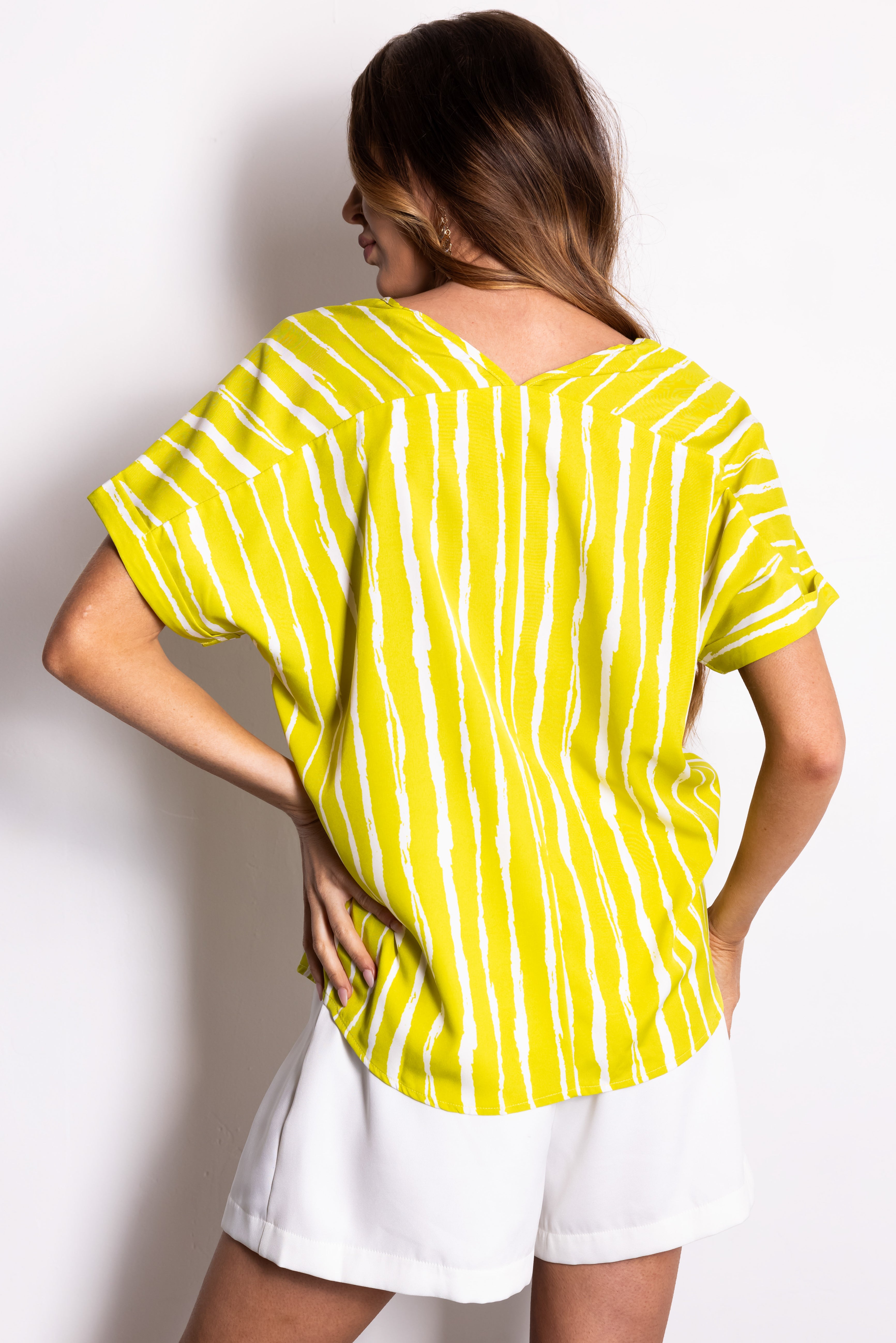 Lime V Neck Short Sleeve Stripe Blouse-Newayad