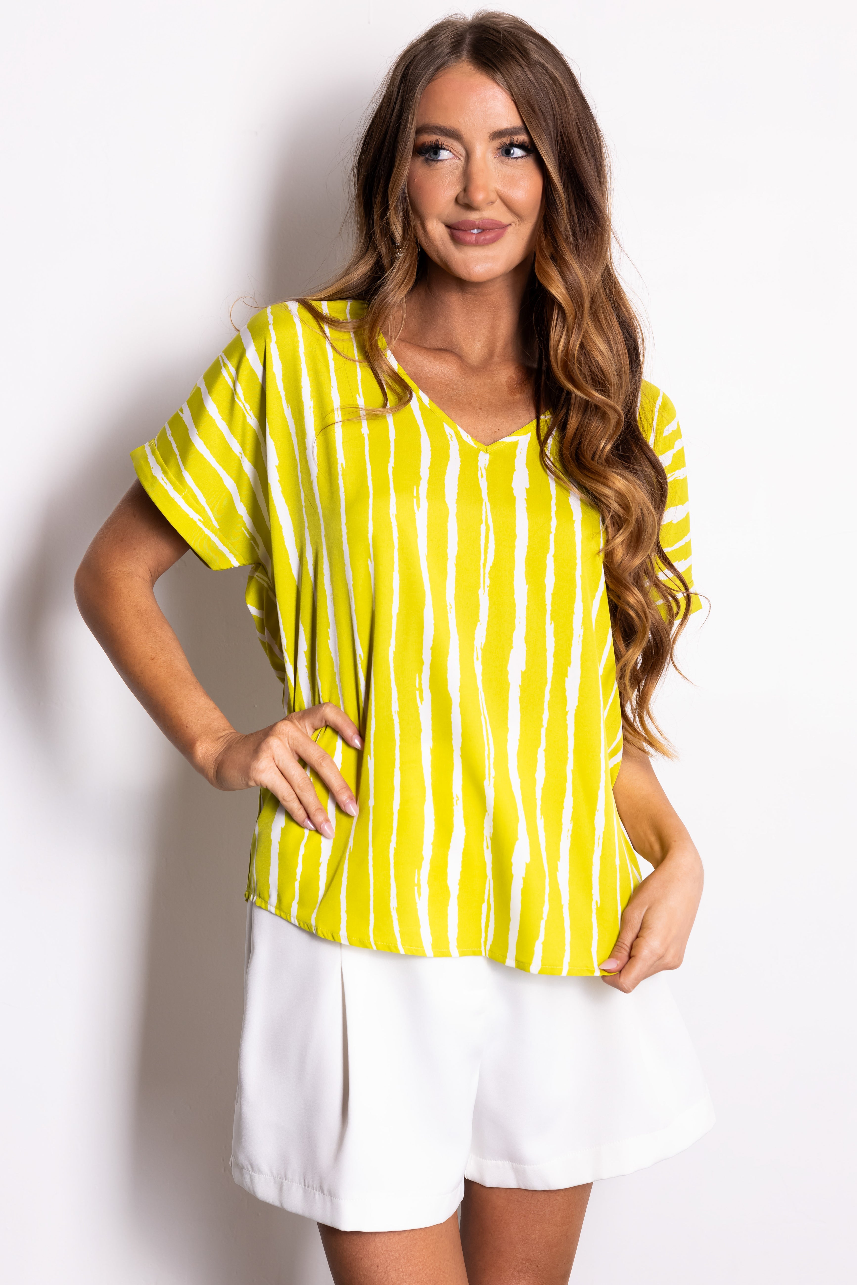 Lime V Neck Short Sleeve Stripe Blouse-Newayad