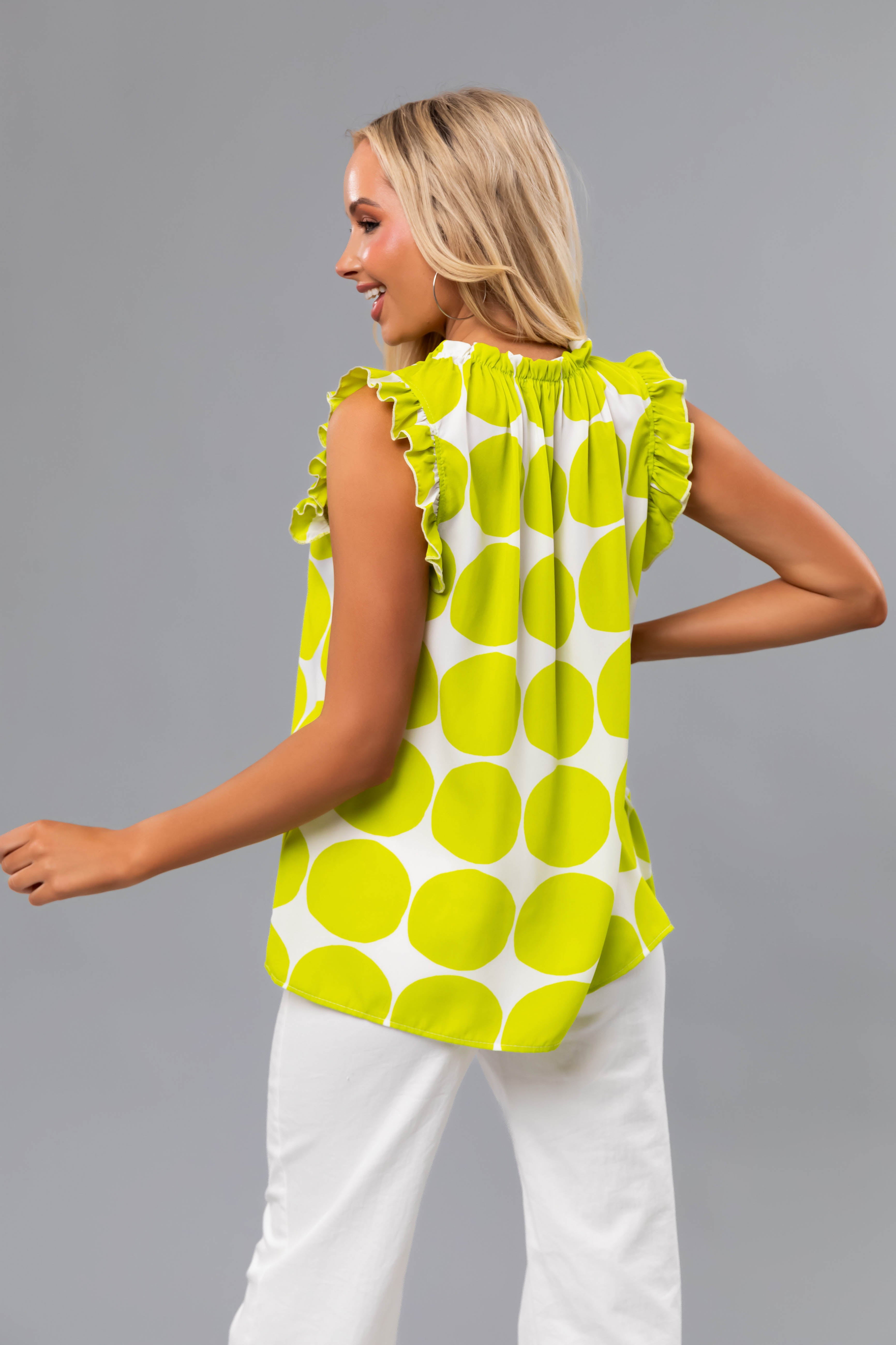 Lime and Ivory Polka Dot Ruffle Cap Sleeve Top-Newayad