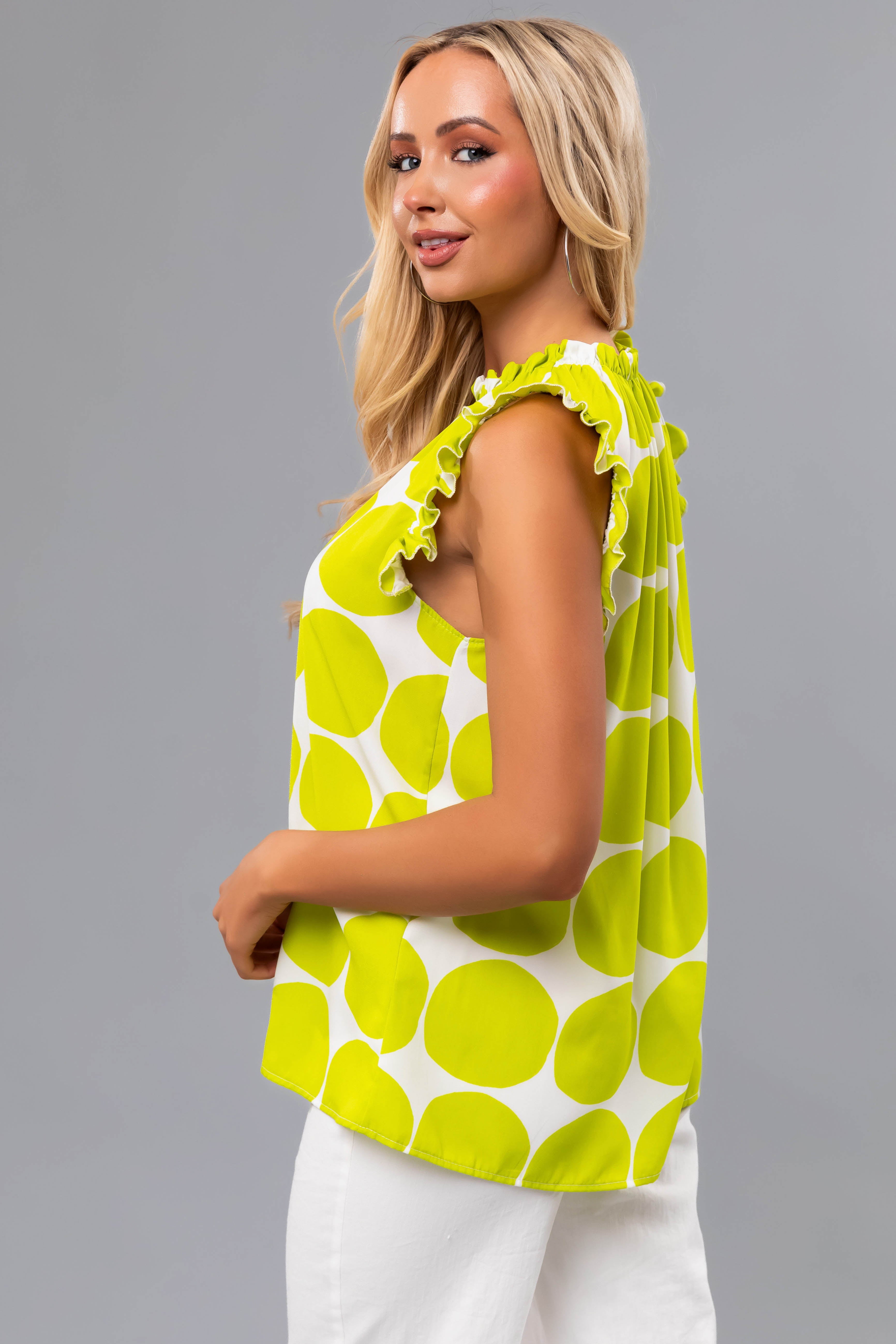 Lime and Ivory Polka Dot Ruffle Cap Sleeve Top-Newayad