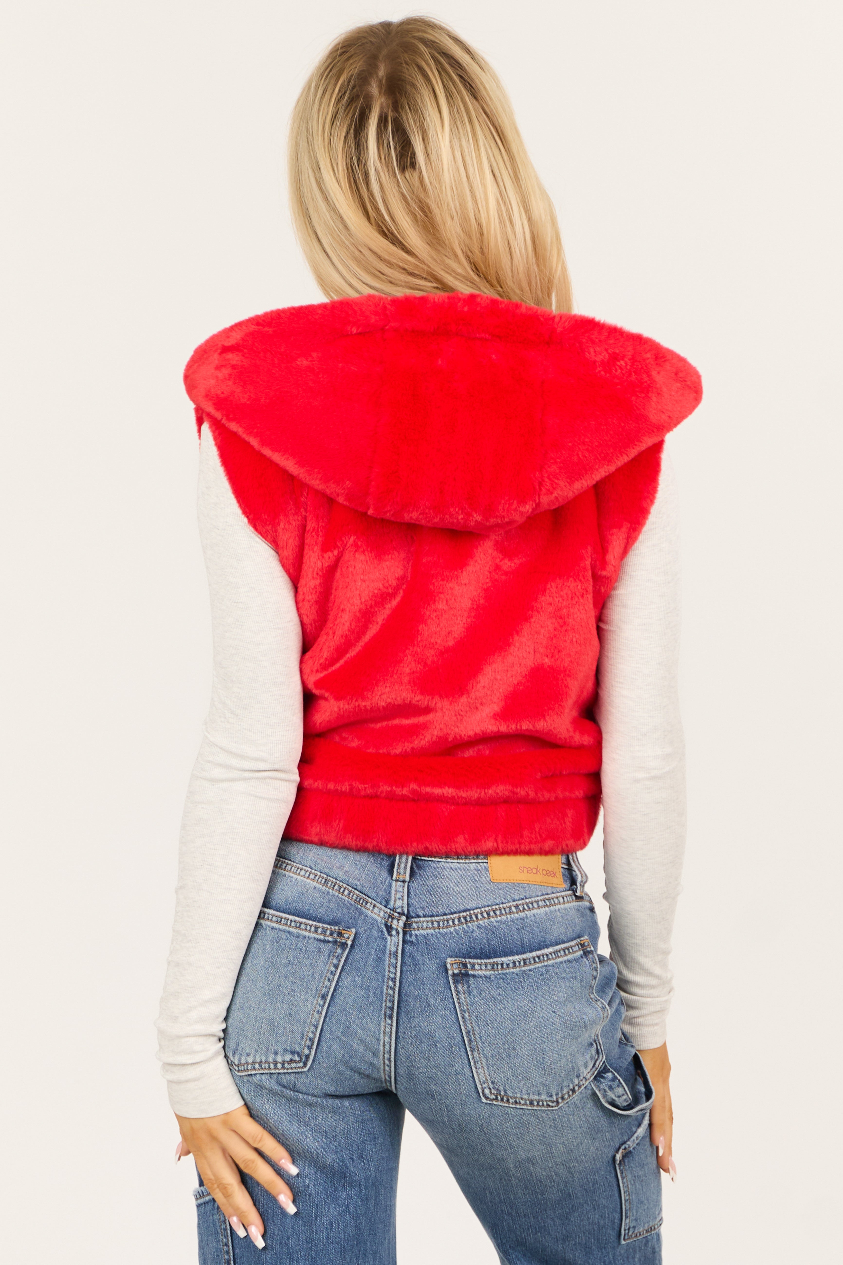 Lipstick Faux Fur Zip Up Hoodie Vest with Pockets-Newayad