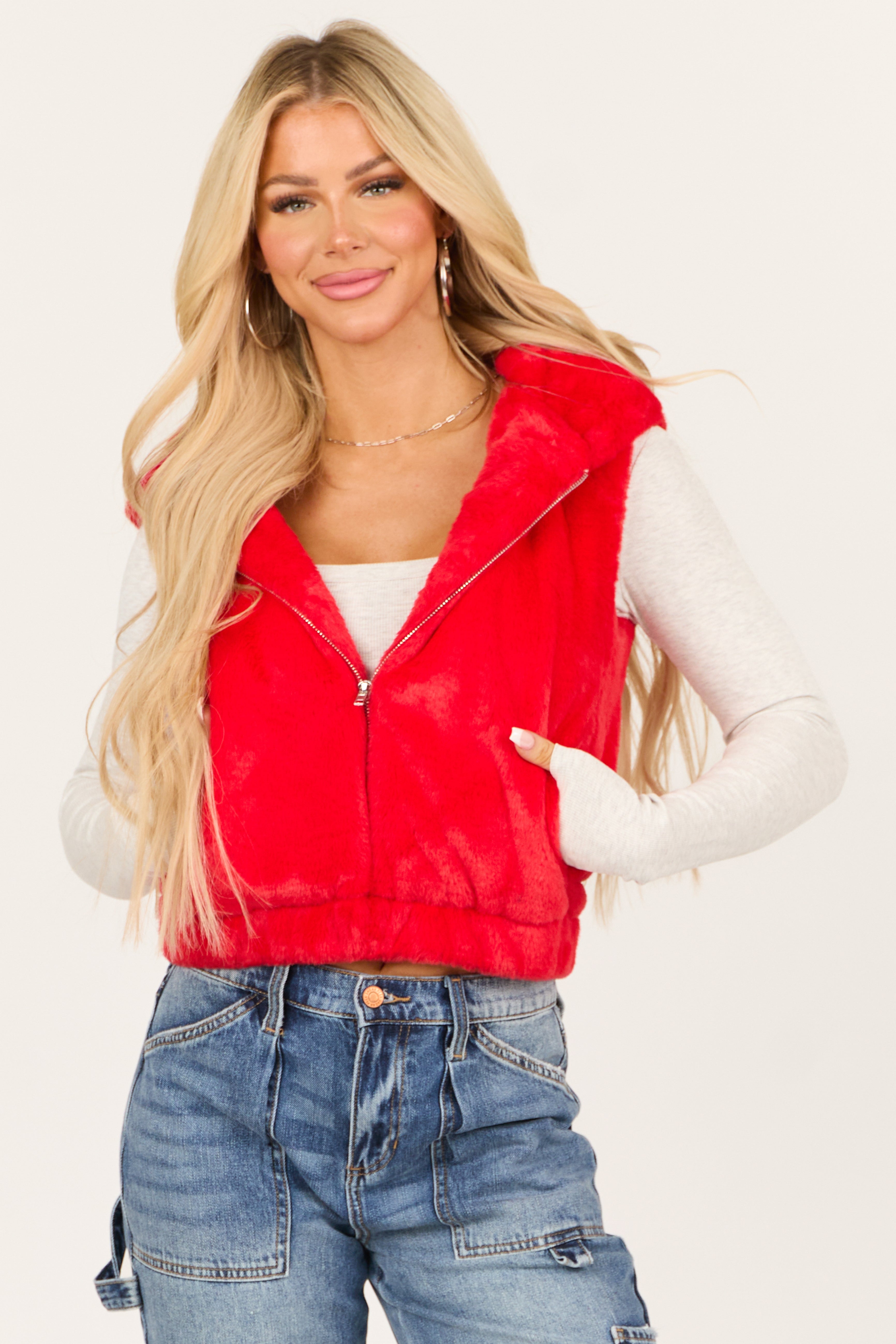 Lipstick Faux Fur Zip Up Hoodie Vest with Pockets-Newayad