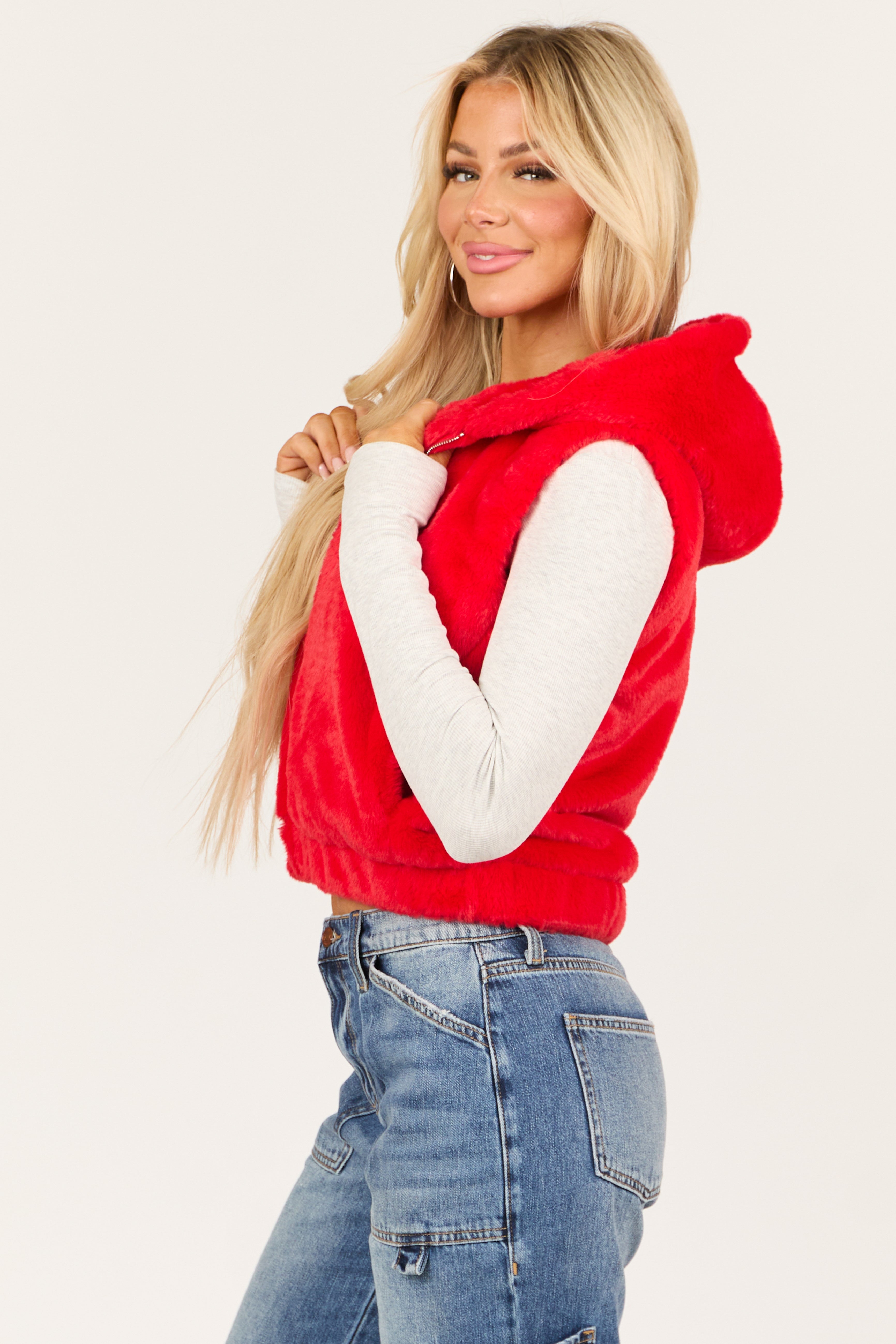 Lipstick Faux Fur Zip Up Hoodie Vest with Pockets-Newayad