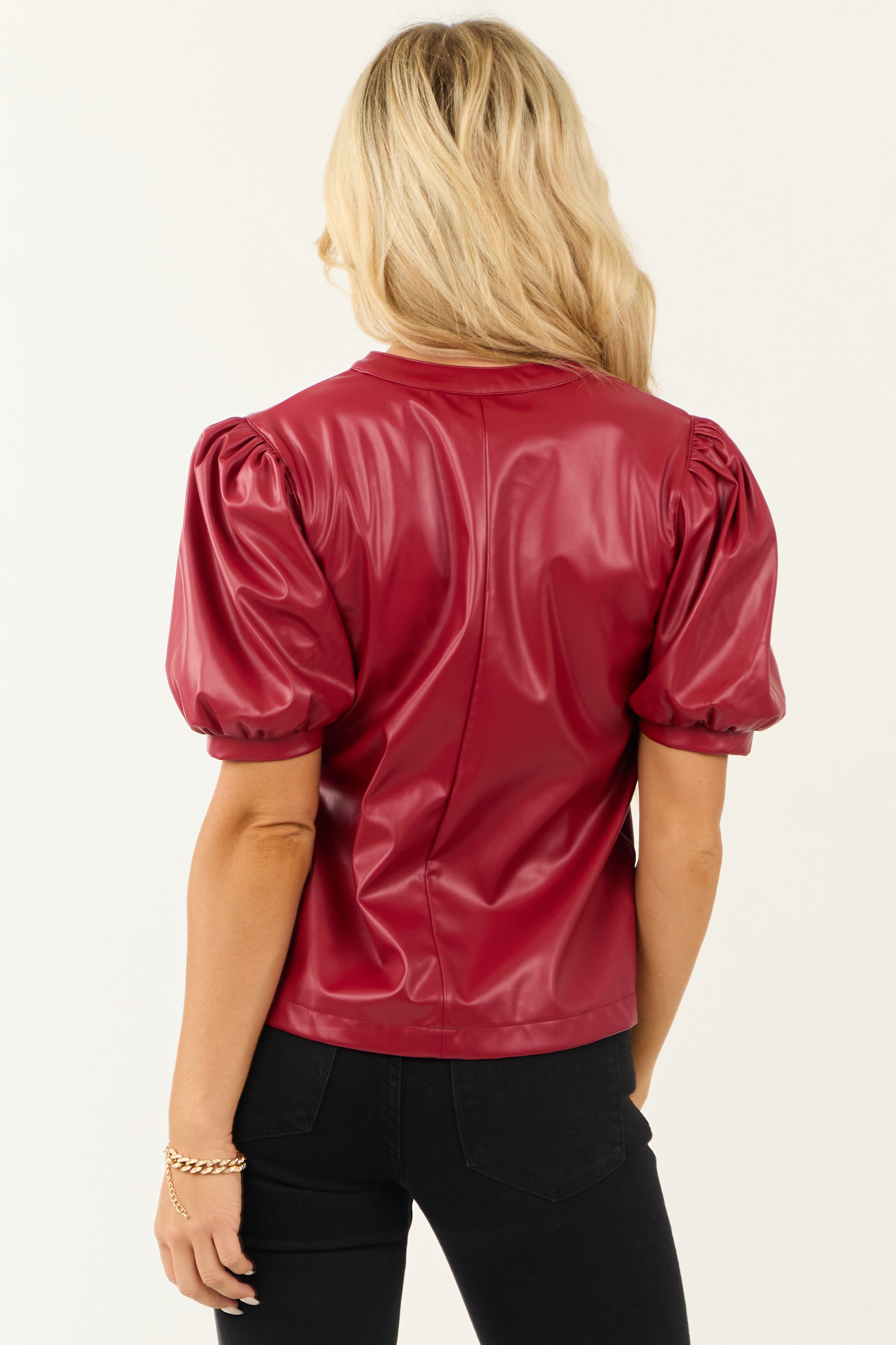 Lipstick Puff Sleeve Split Neck Faux Leather Top-Newayad