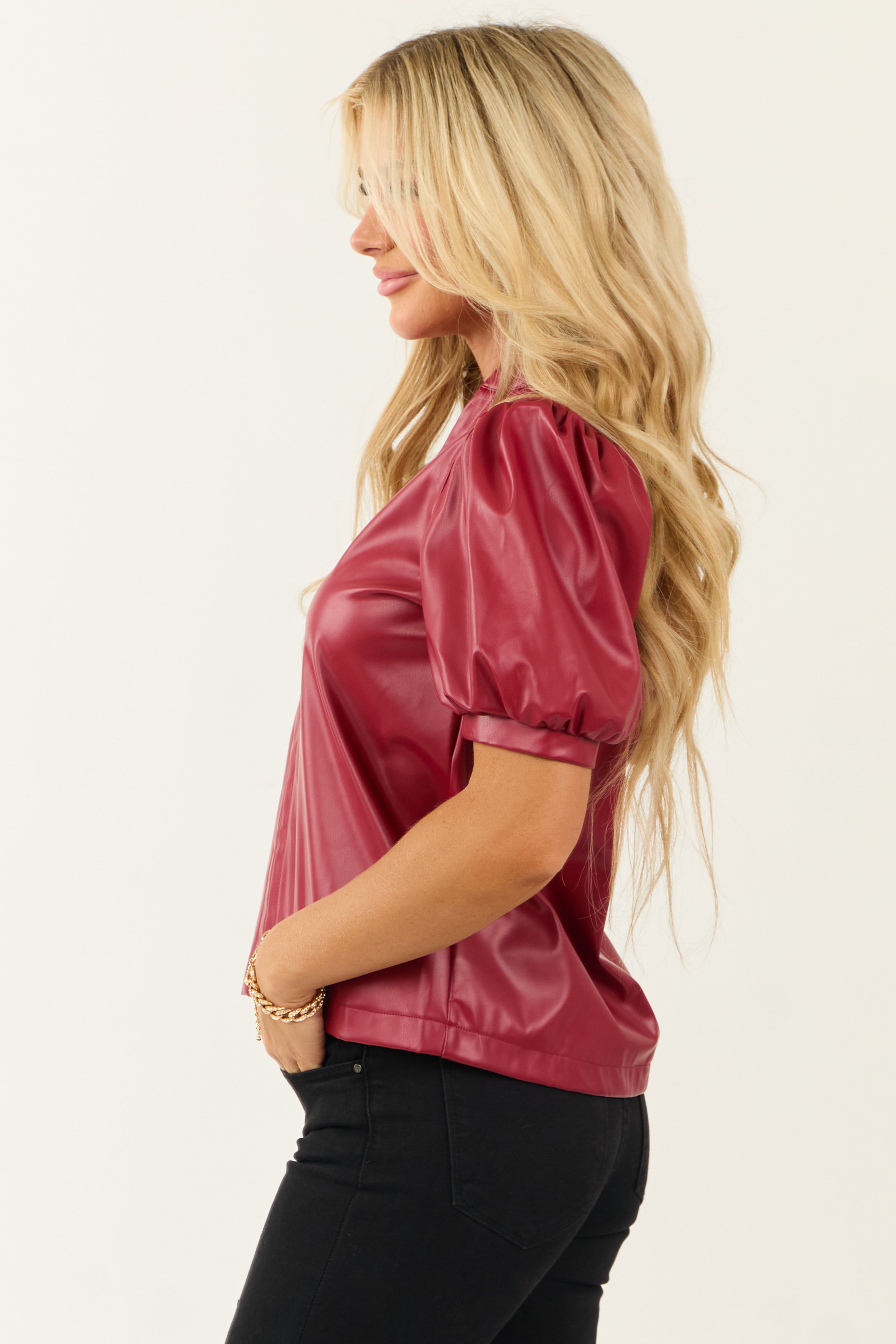 Lipstick Puff Sleeve Split Neck Faux Leather Top-Newayad