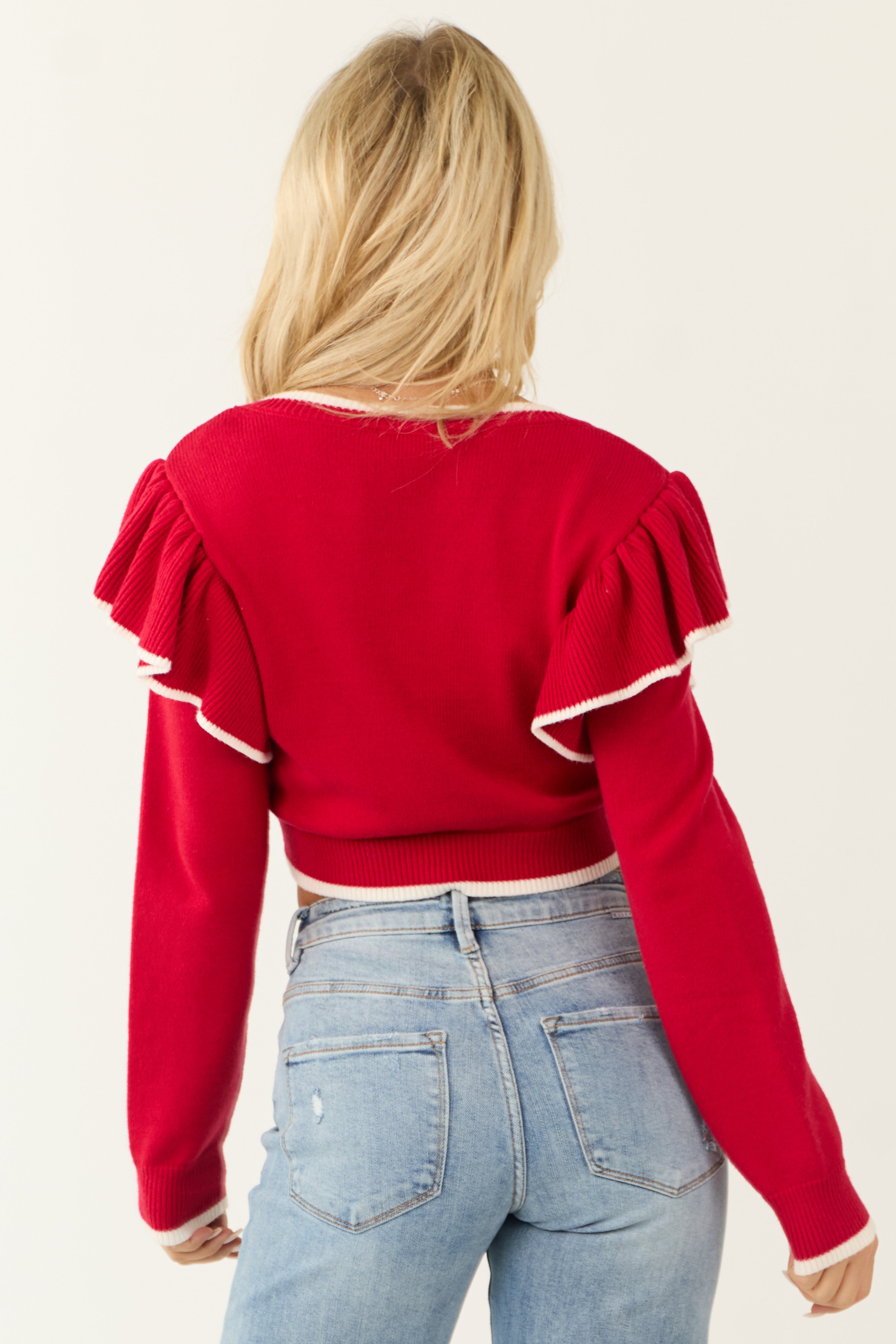 Lipstick Ruffle Shoulder Cropped Sweater-Newayad