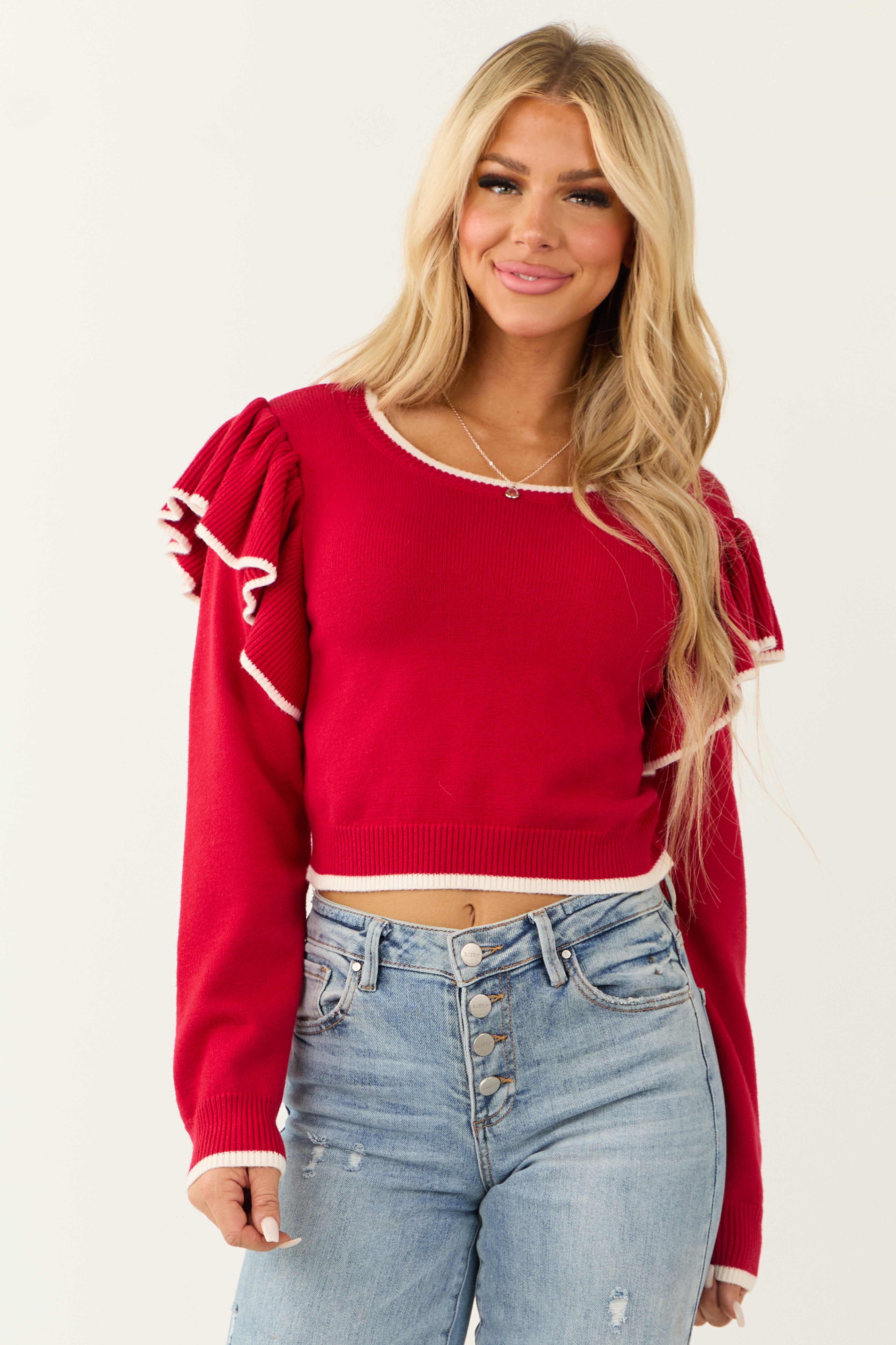 Lipstick Ruffle Shoulder Cropped Sweater-Newayad