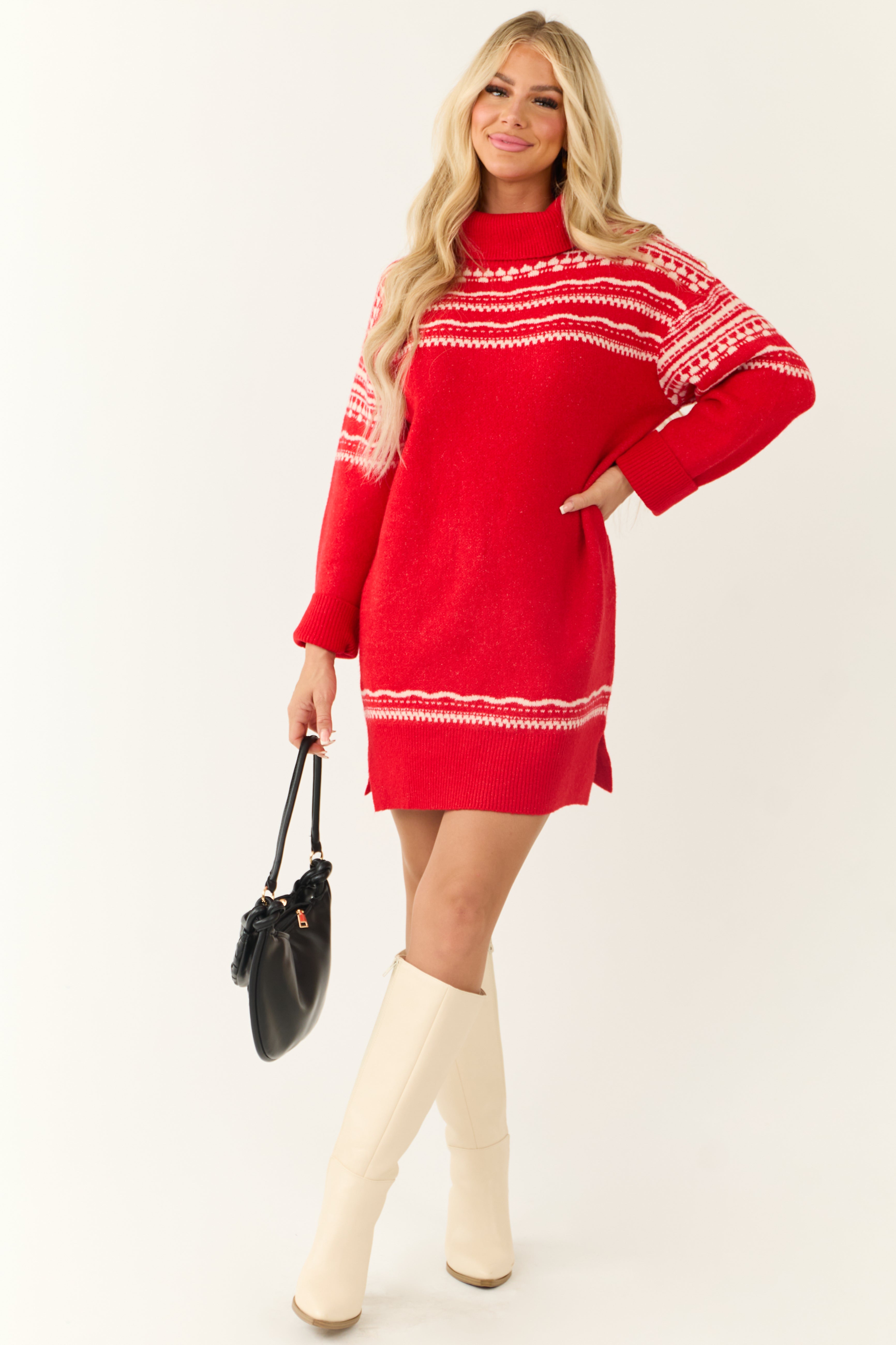 Lipstick Turtleneck Shift Sweater Short Dress-Newayad
