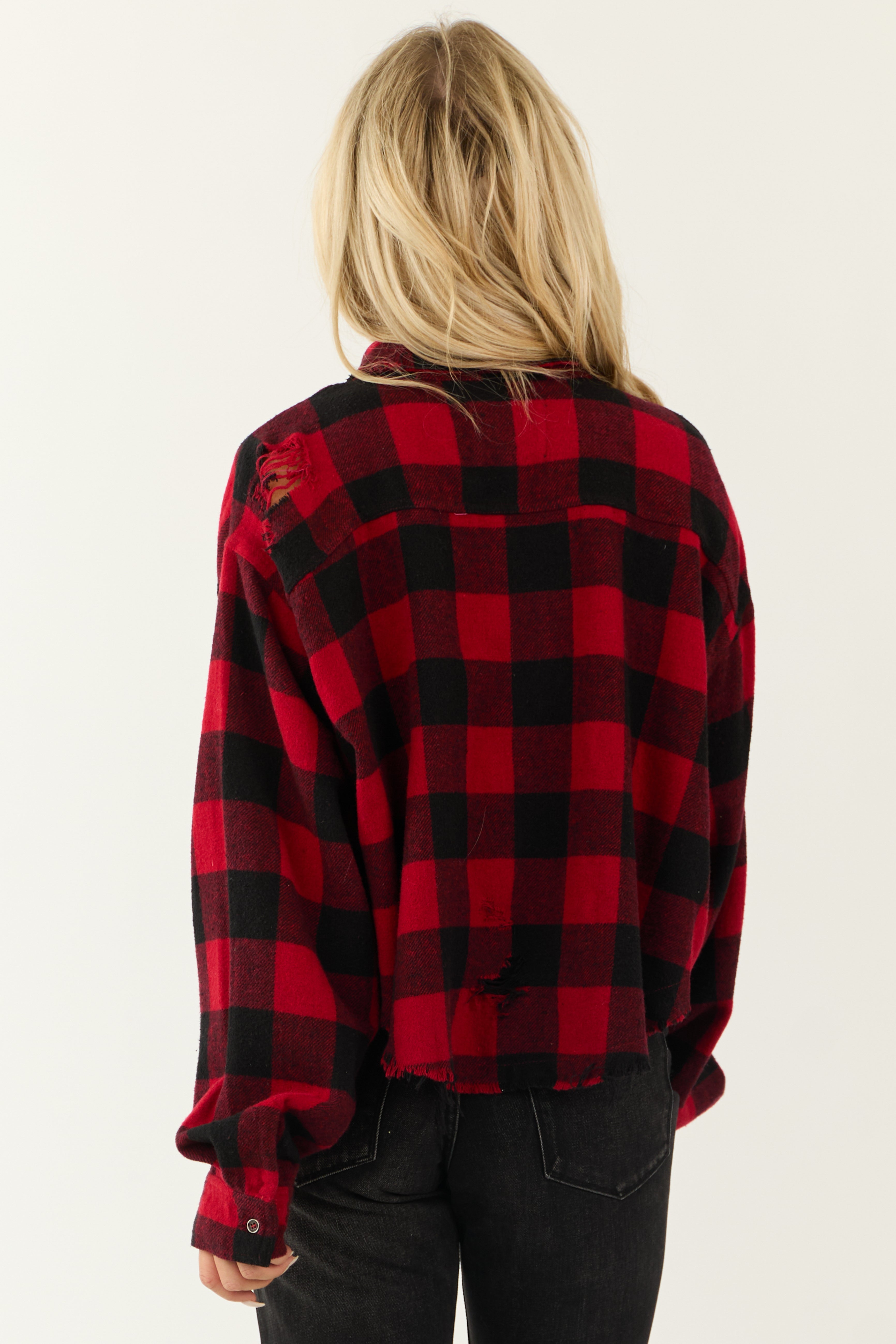 Lipstick and Black Buffalo Plaid Distressed Shirt-Newayad