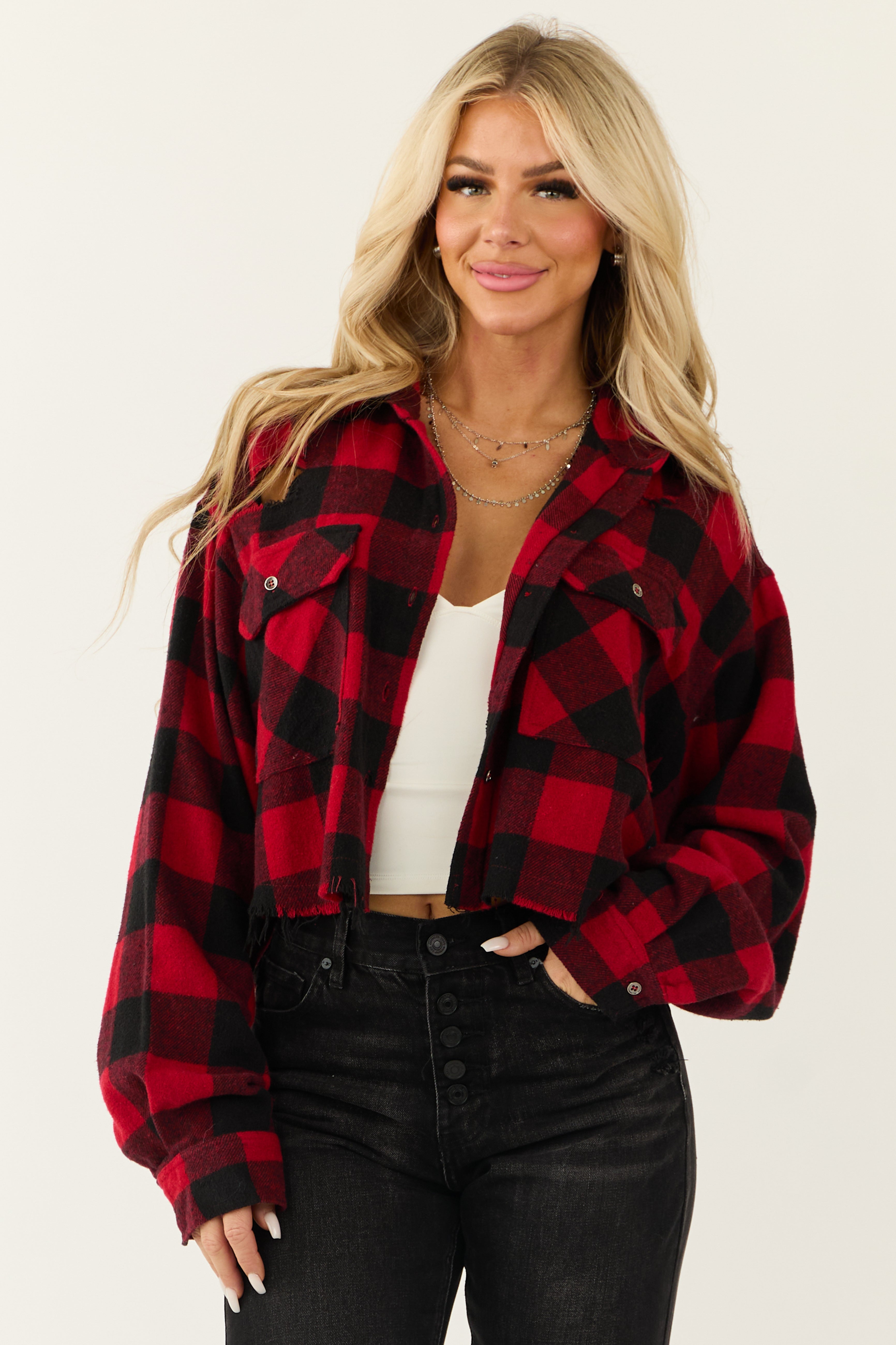Lipstick and Black Buffalo Plaid Distressed Shirt-Newayad