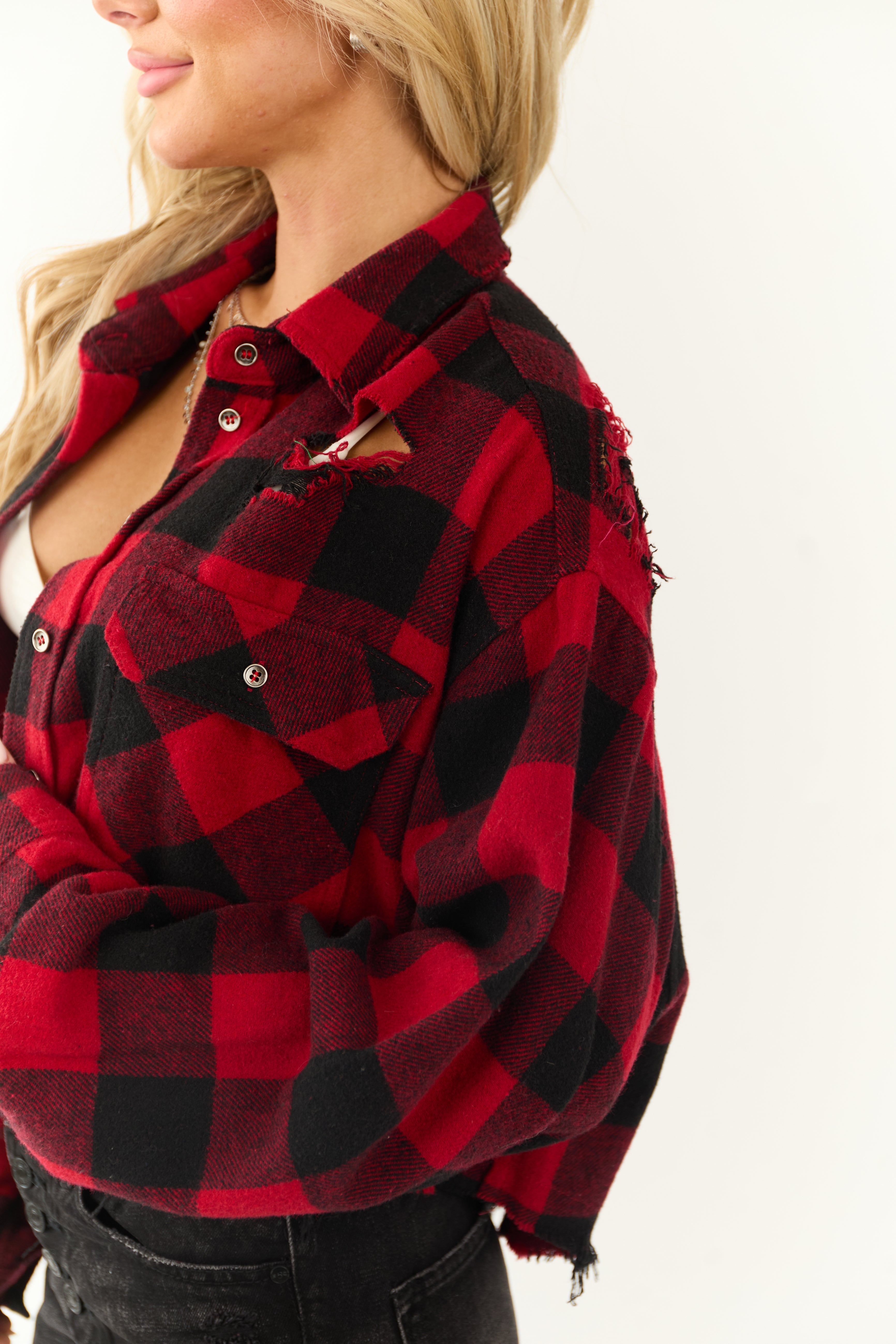 Lipstick and Black Buffalo Plaid Distressed Shirt-Newayad
