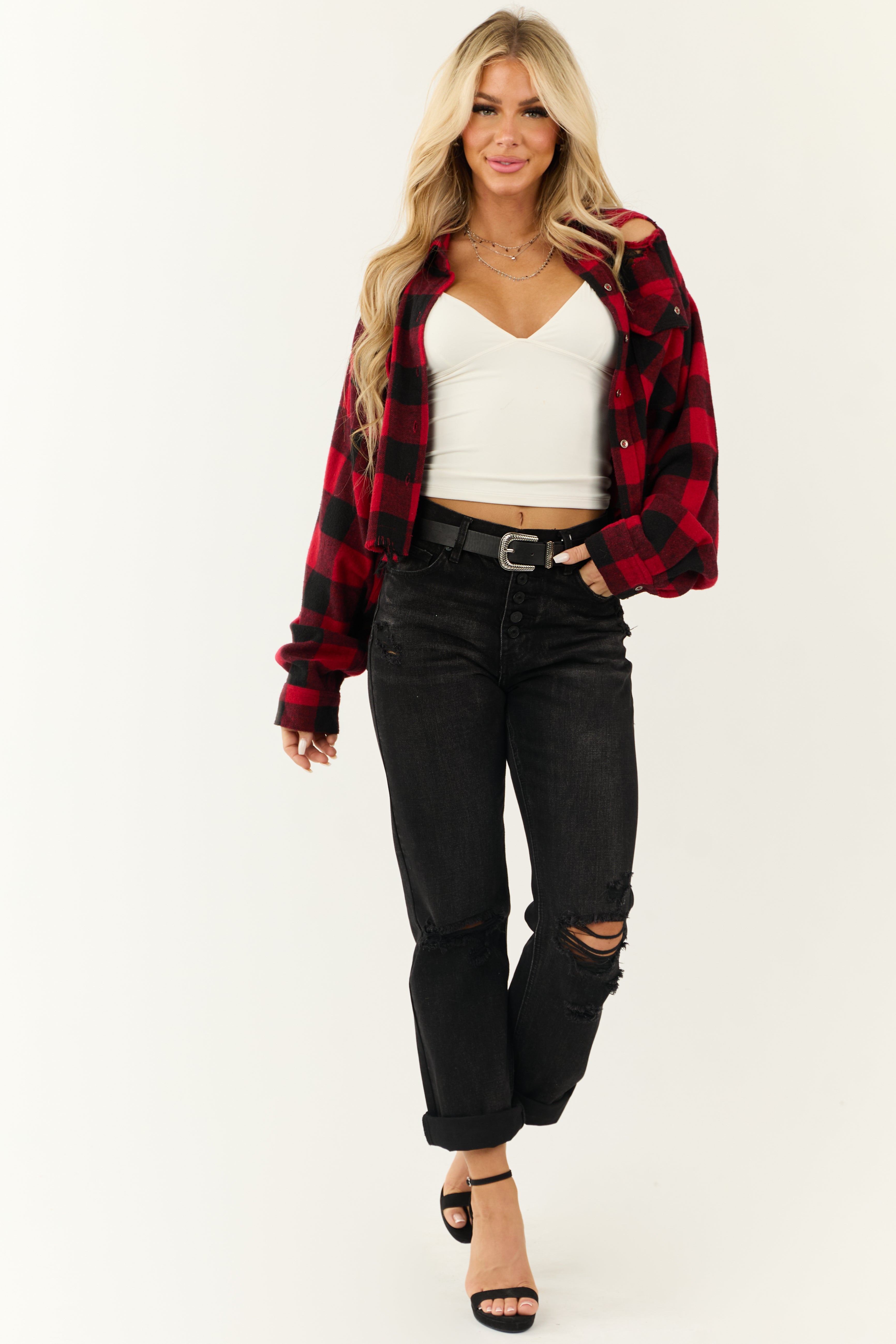 Lipstick and Black Buffalo Plaid Distressed Shirt-Newayad