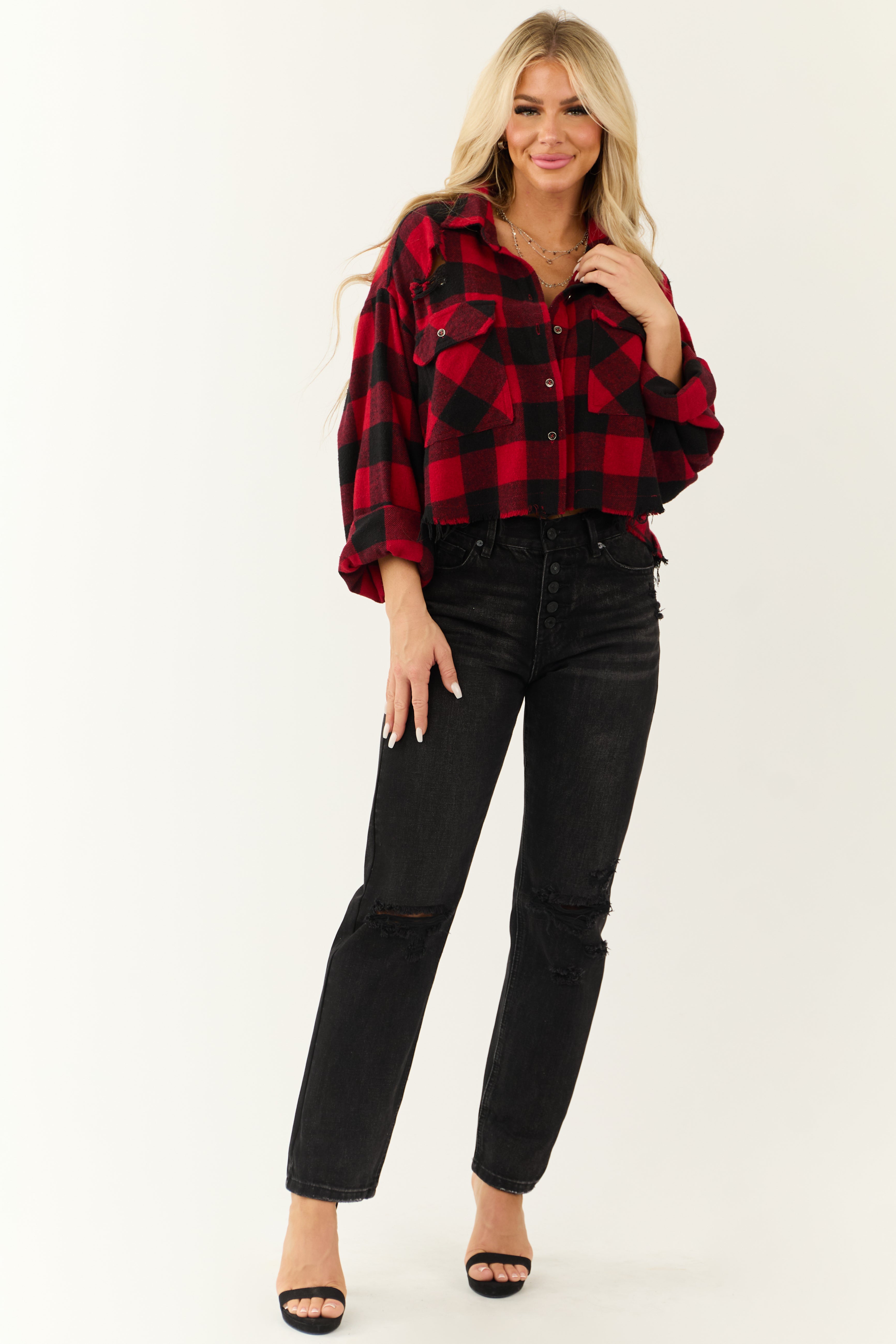 Lipstick and Black Buffalo Plaid Distressed Shirt-Newayad