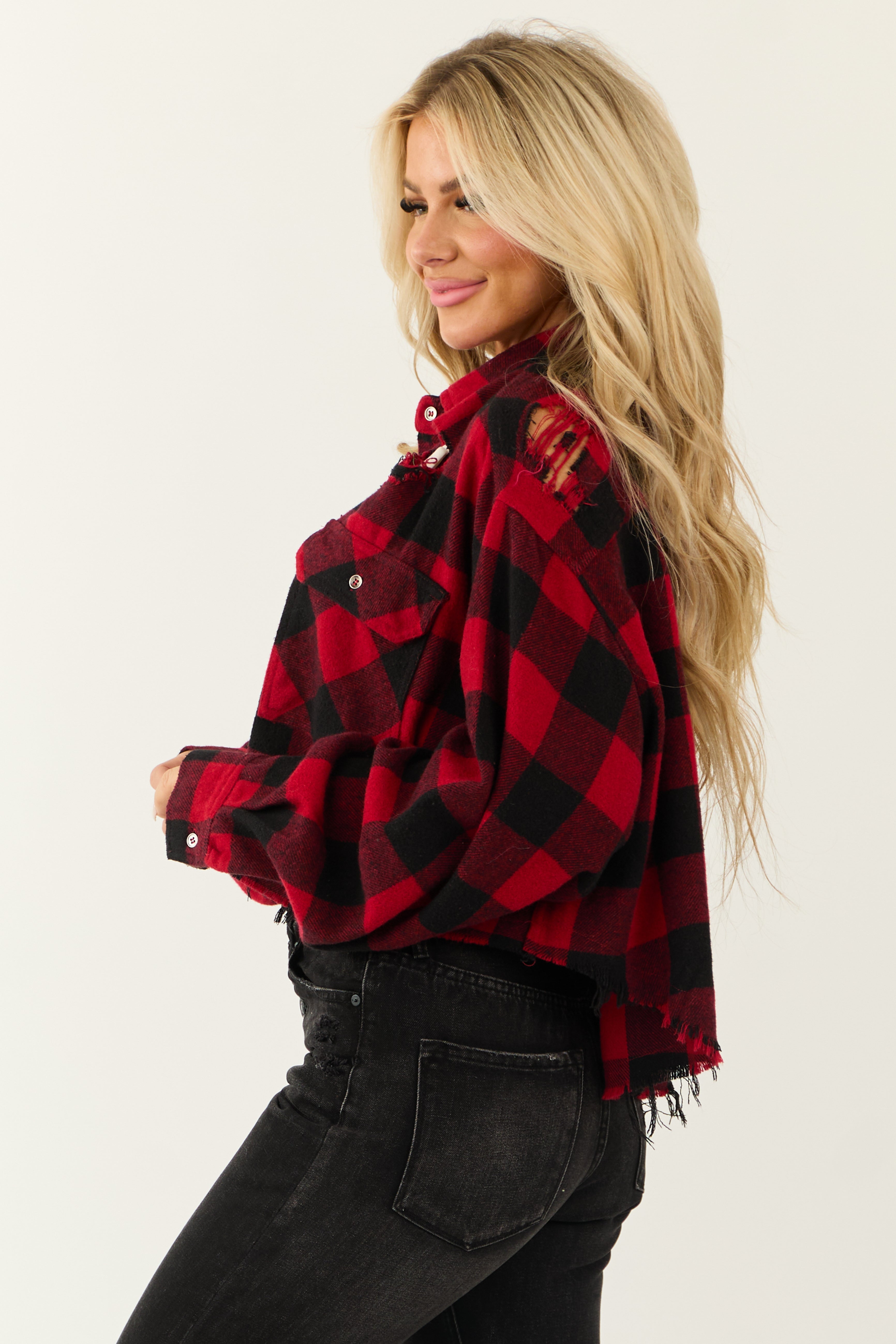 Lipstick and Black Buffalo Plaid Distressed Shirt-Newayad
