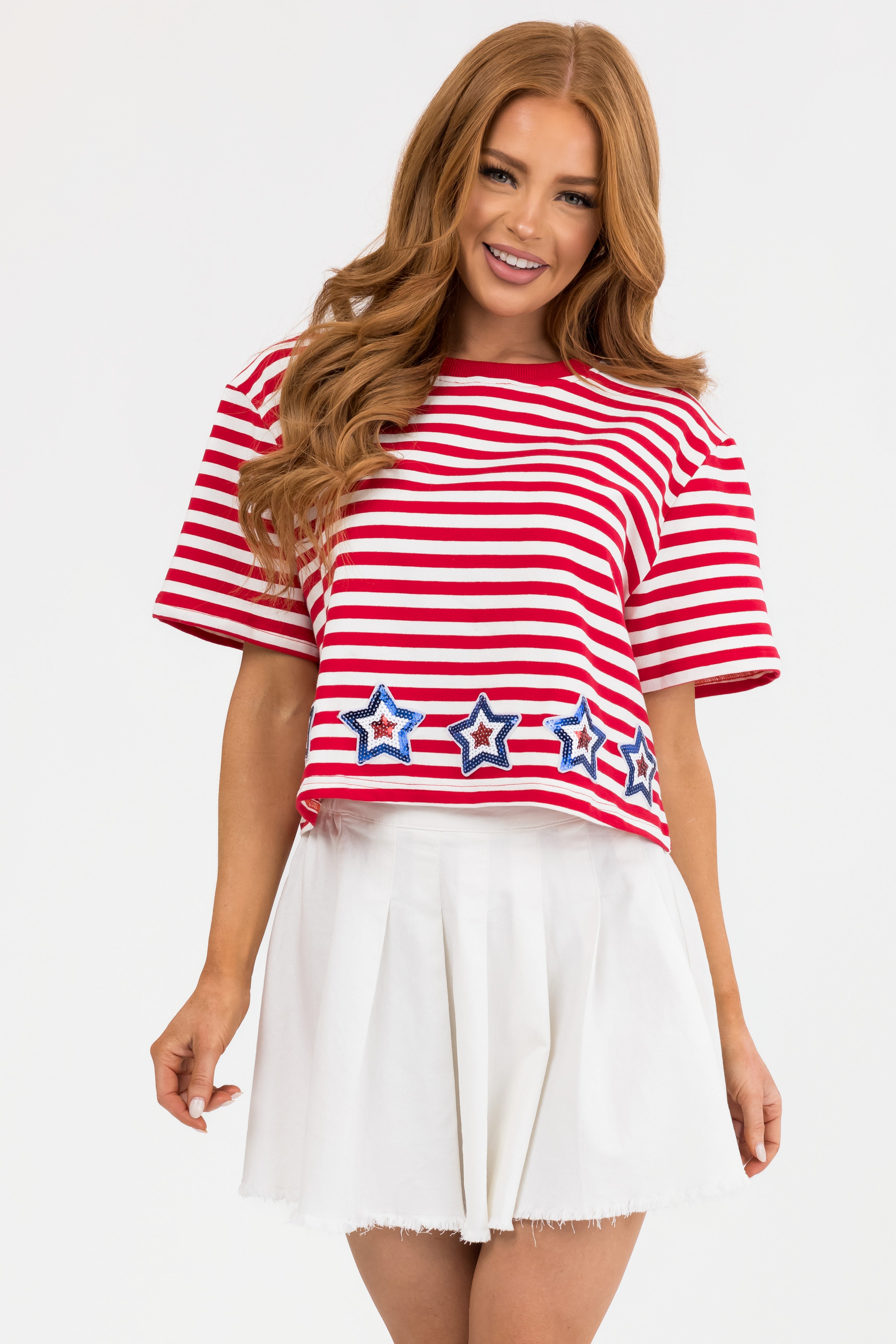 Lipstick and Ivory Stars and Stripes Print Top-Newayad