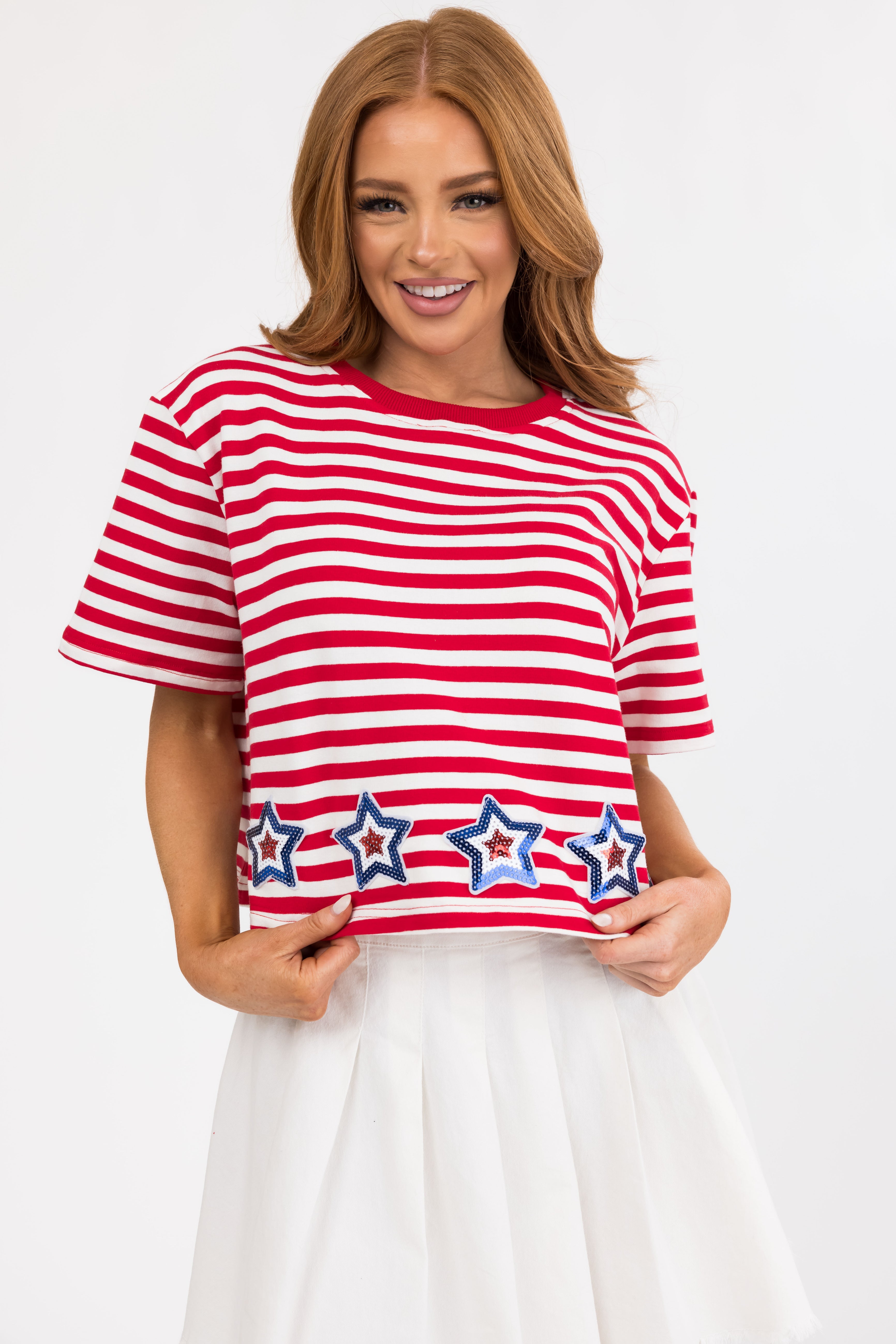 Lipstick and Ivory Stars and Stripes Print Top-Newayad
